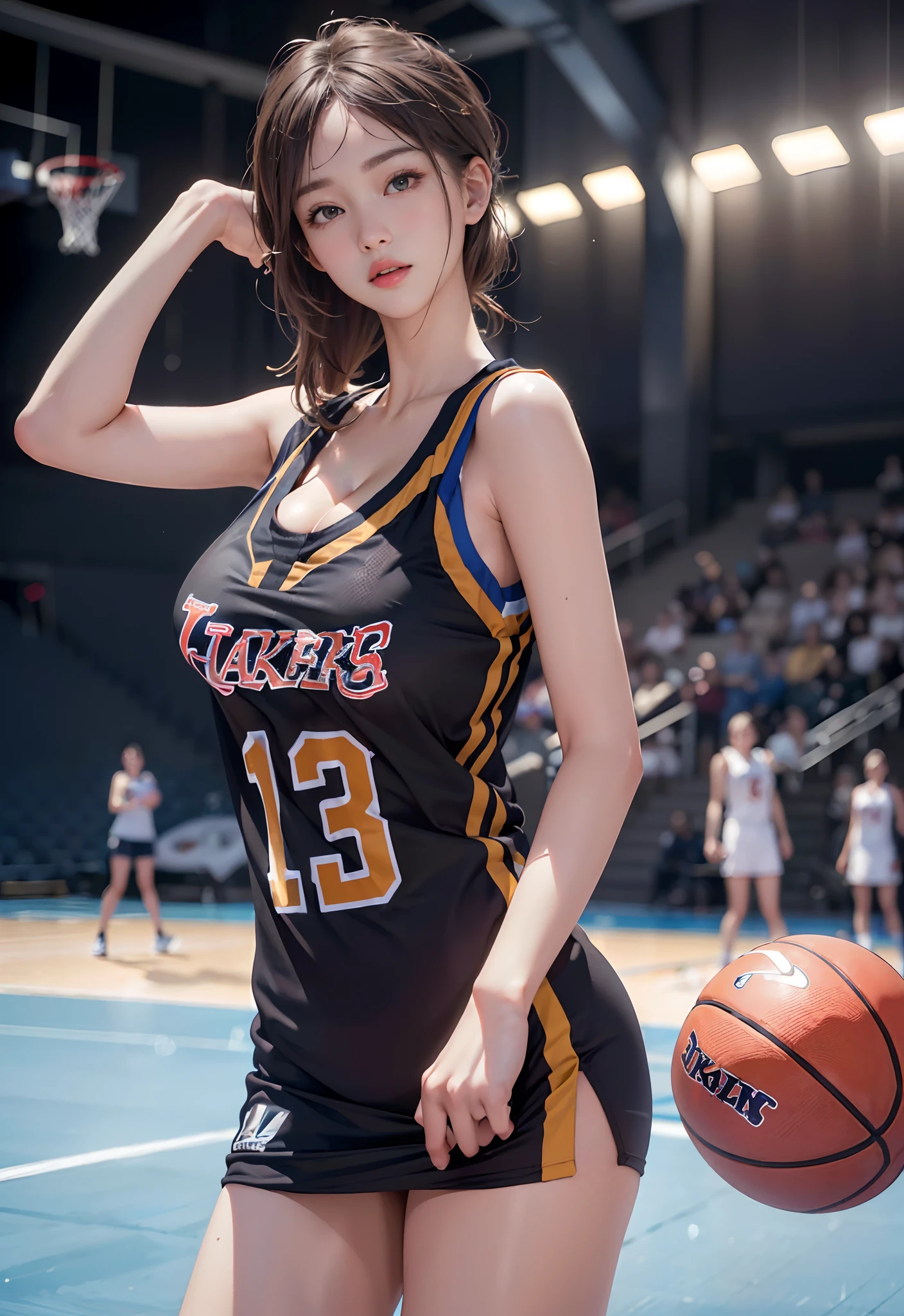 (8k, RAW photo, best quality, masterpiece:1.2), (realistic, photo-realistic:1.4), illustration, highres,hexagon,(1girl), gorgeous, rough skin, (oval face:1.1), professional lighting, photon mapping, radiosity, physically-based rendering, cute,
wear basketball uniform, large breast, ((cleavage)), at  basketball court, pureerosface_v1:0.3