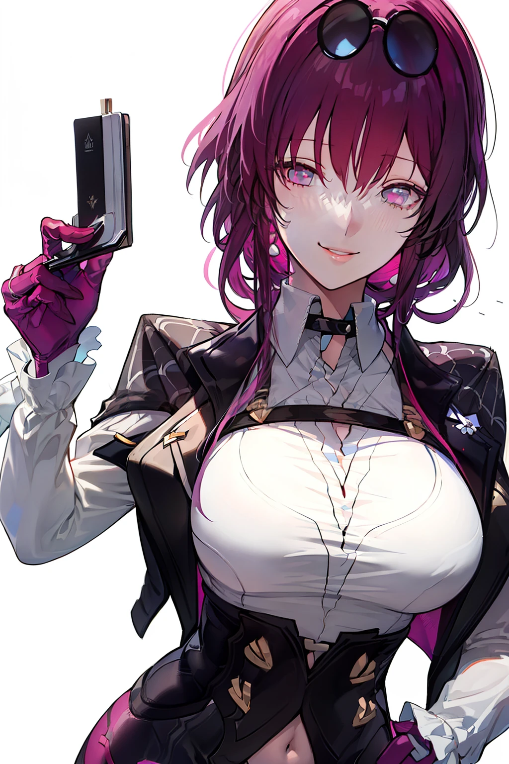 Illustration, UHD, retina, masterpiece, accurate, anatomically correct, super detail, high details, high quality, award winning, best quality, highres, good anatomy, 1080P, HD, 4K, 8k, 16k, 1girl, dynamic pose, androgynous, potrait, white background, smiling, lighting, shading, rendering, details on chest, detailed hair