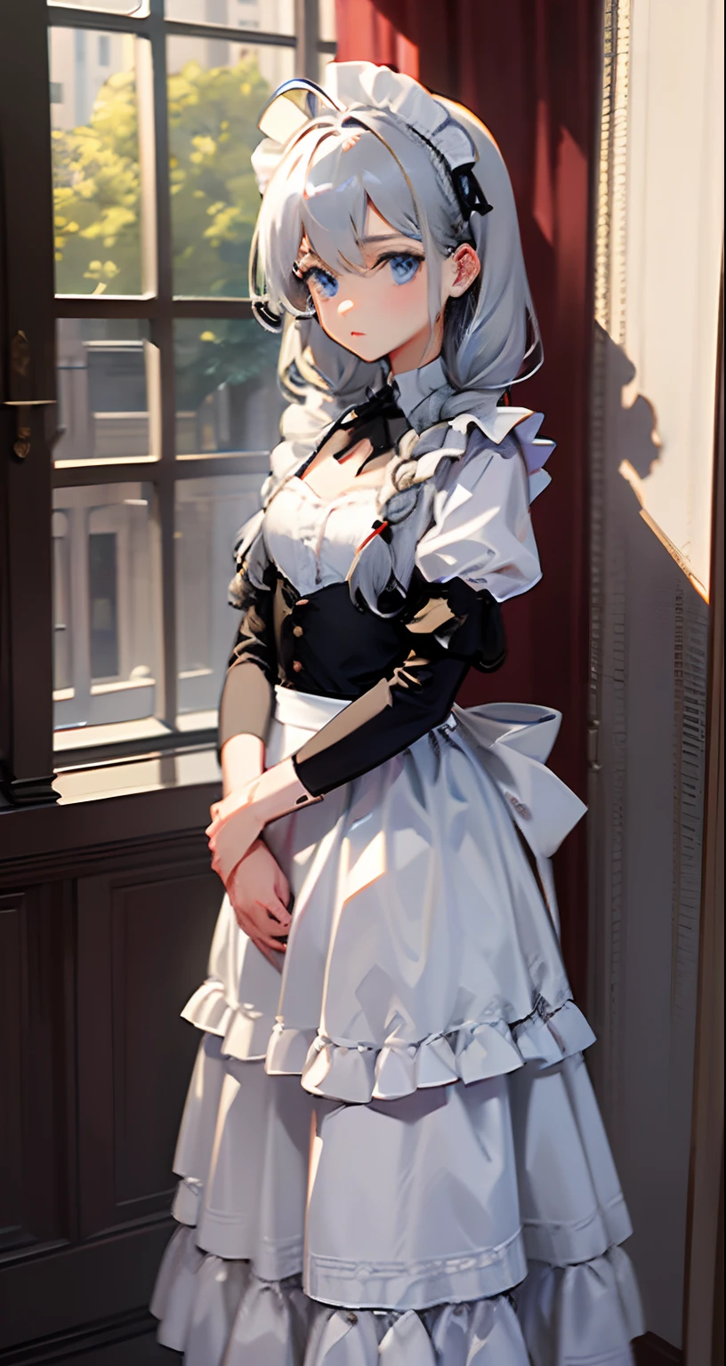 ((((masterpiece, best quality, high resolution)))), Extremely detailed 8K, Beautiful girl with voluptuous body, (Ultra HD, Ultra-detailed, Highly detailed, Highly realistic, Ultra-realistic, photograph realistic), (1girl:1.5), (Realistic white hair), (short silky hair, hair ornaments, earrings), (dynamic poses), facing at camera, looking at viewer, (blushing red, embarrassed, exhausted, angry), (bright red eyes, sharp eyes), (small perky breasts:1.2), (wide hips:1.2), (beautiful detailed face, beautiful detailed eyes), ((maid outfit, maid apron, cat ears headband)), (detail pussy), (standing), sweat, glow, (sunbeam, sunlight), ((cowboy shot)), coffee shop, seductive