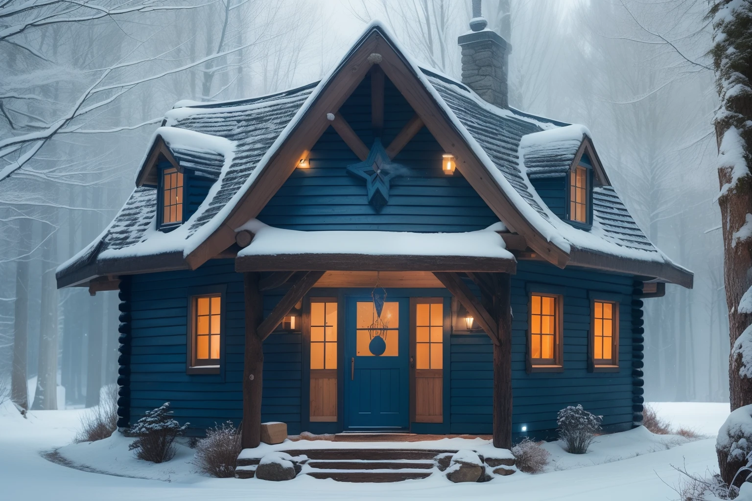 Selene's cabin has stone walls dyed a soft blue with accents in dark blue like the darkest night and carvings of wolf packs and moons all over its outer face. --auto --s2
