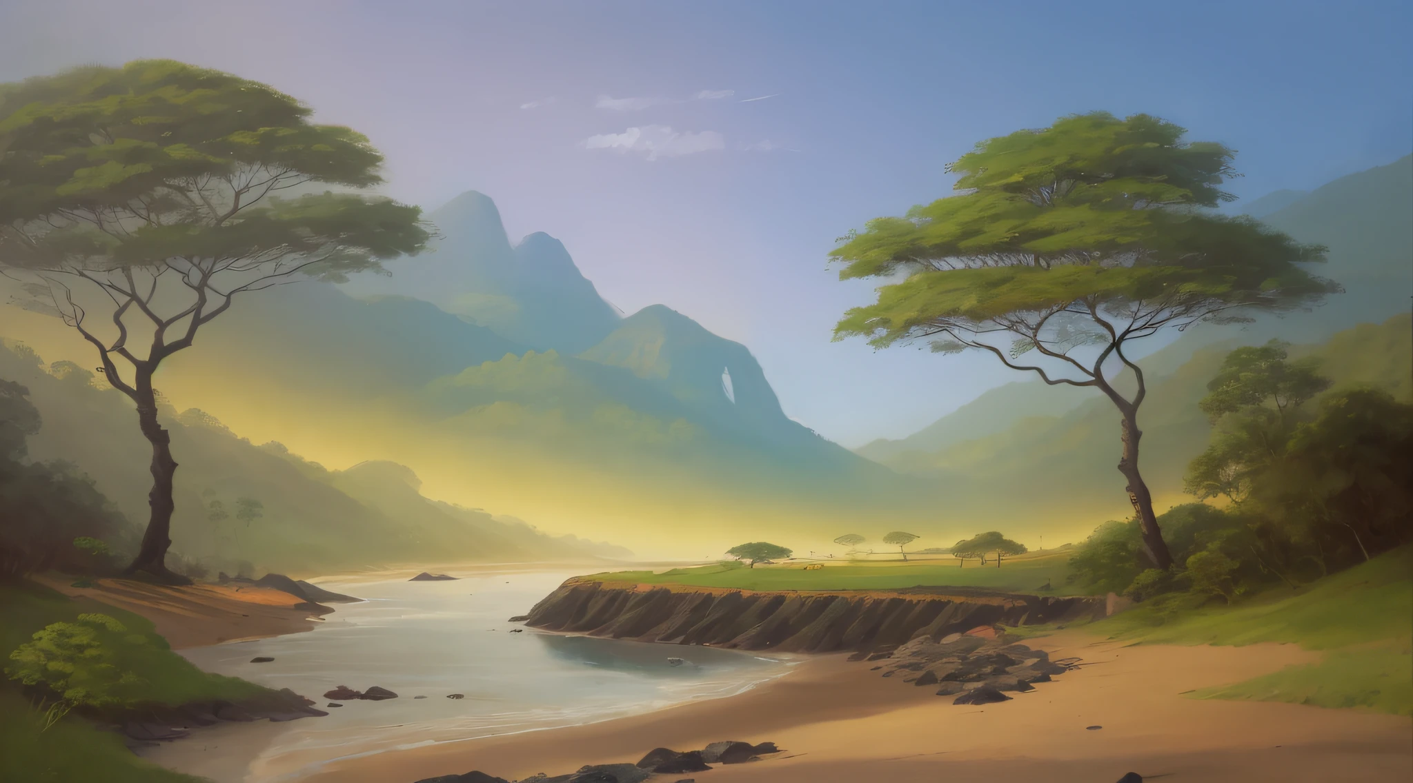 pintura de uma paisagem com um rio,super realista