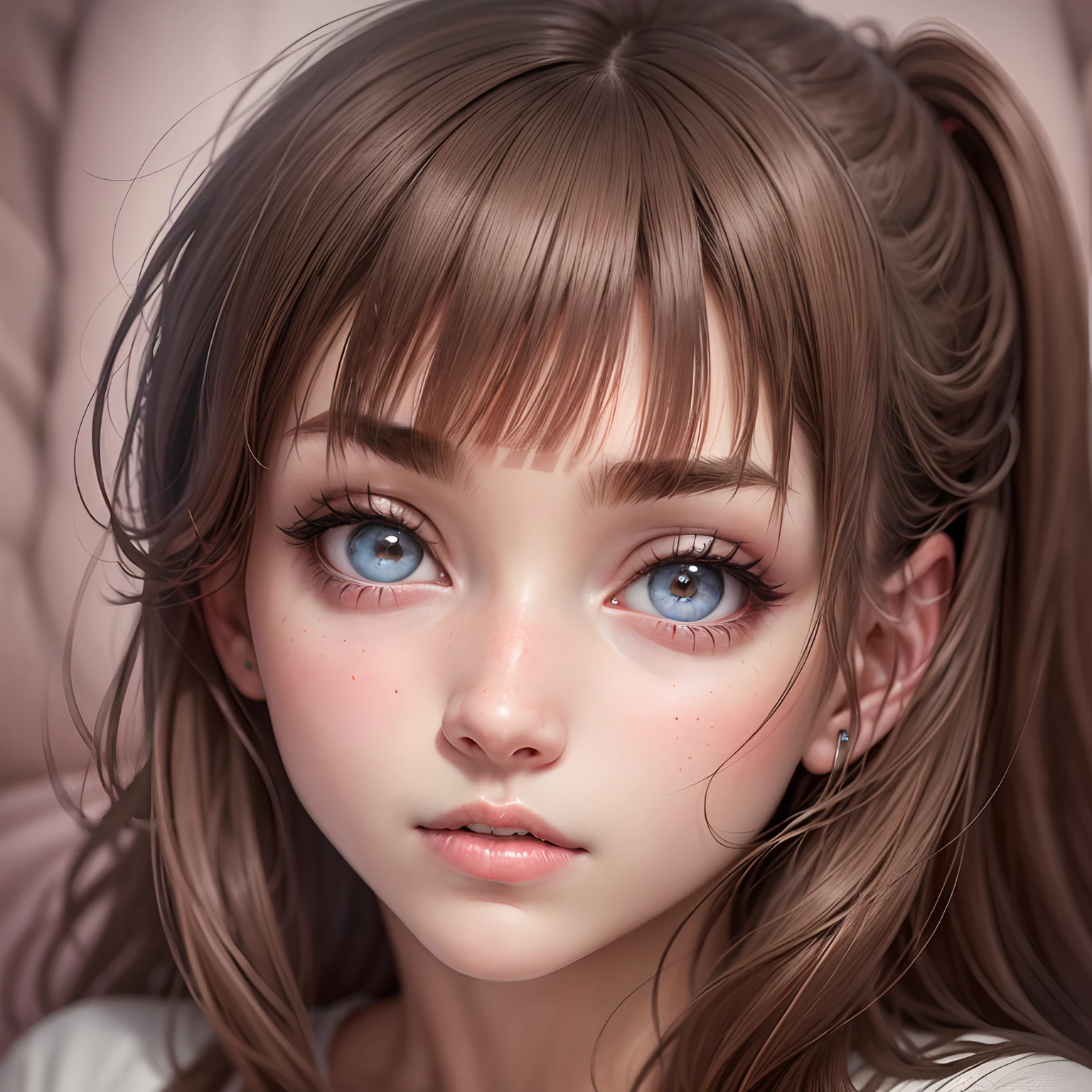 Face of 20 year old woman, looking at me on bed, dark bronze hair, eyes that seem to suck in