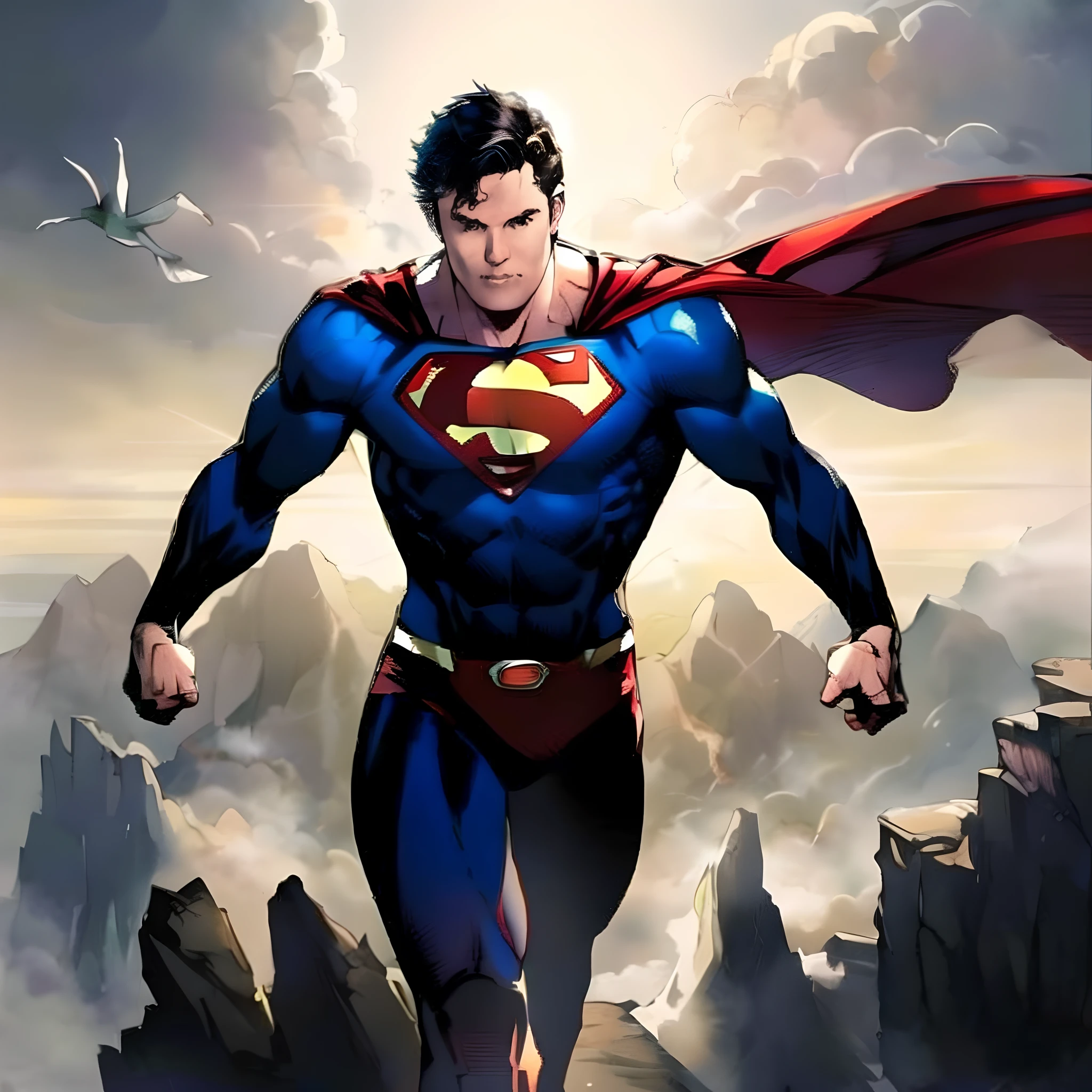 superman is flying over the mountains with his cape open, superman, superman emerging from the sun, superman pose, dc comics art style, superman is high, textless, inspired by Jim Lee, dc comic, dwayne johnson as superman, gabe newell as a superman, superman costume, by Alexander Runciman, dc comics style, style of dc comics