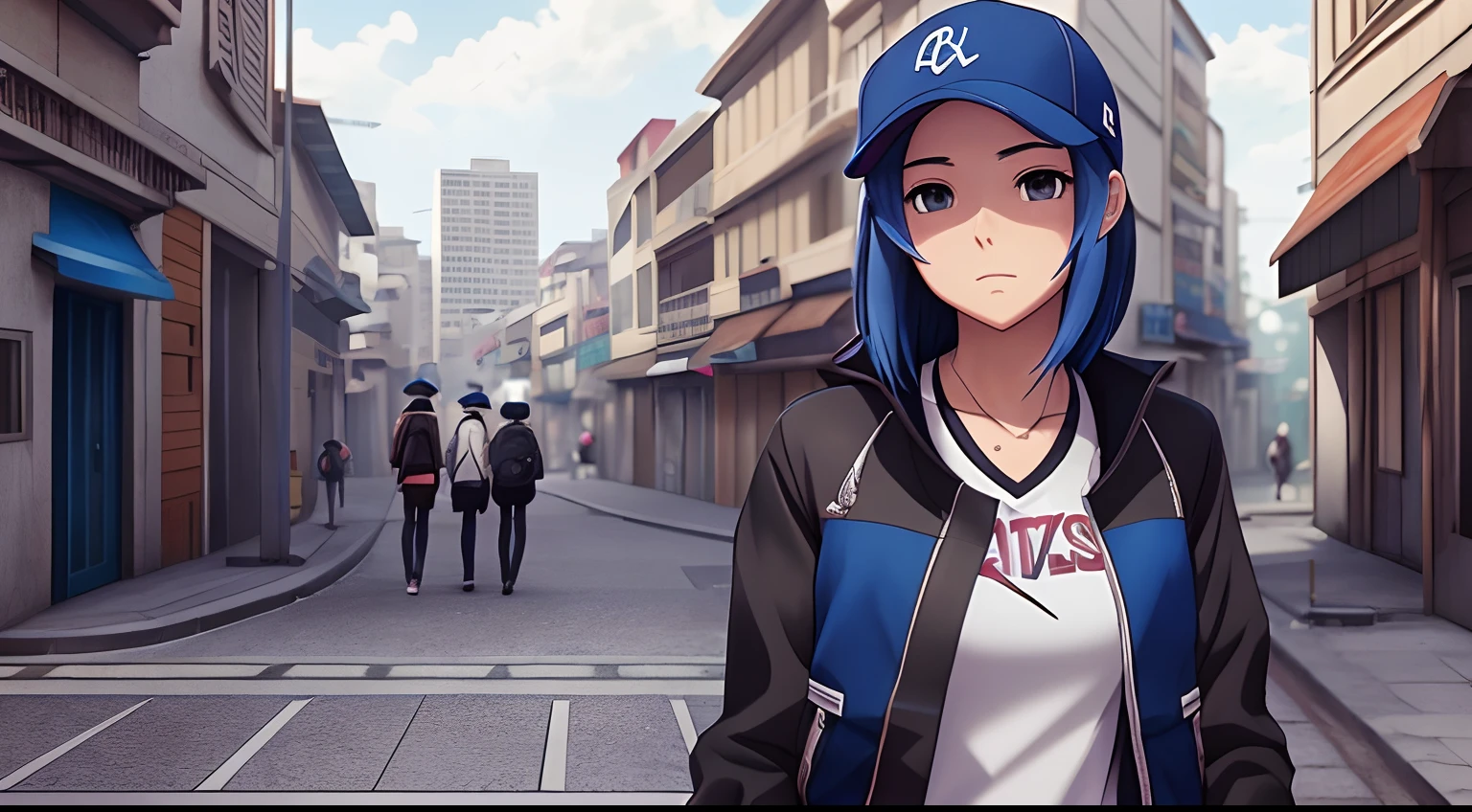 Anime girl with baseball cap and jacket walking down a city street, fanart  urbana, Estilo anime 3D realista, Arte no estilo de Guweiz, bela arte digital, stunning digital illustration, Ross Tran 8 K, arte digital estilo anime, estilo anime 4K, Estilo Ross Tran, Wojtek FUS, estilo anime. 8k, anime estilo 3d, Projogador , cabelo preto, chapeu azul