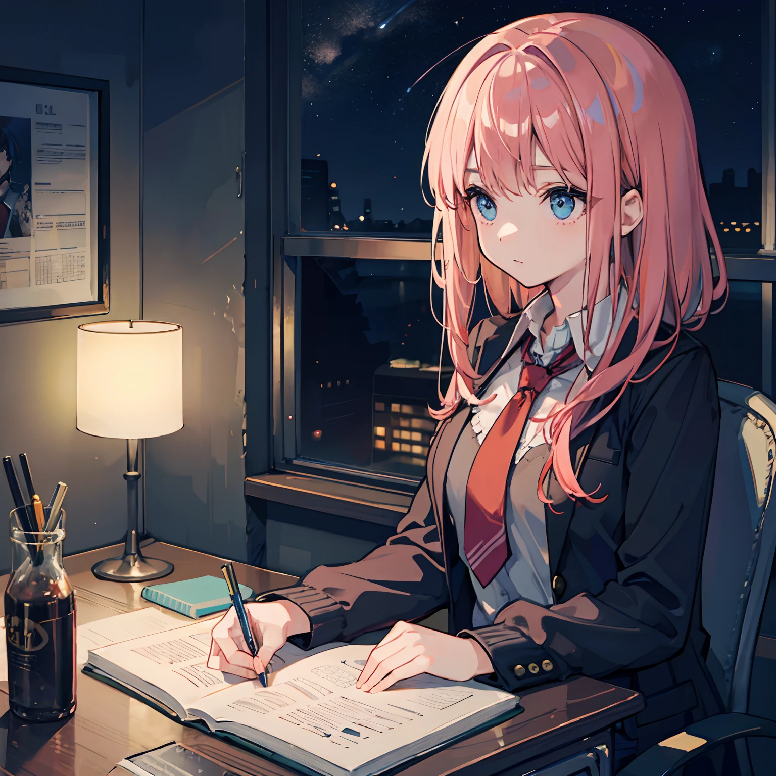 Beautiful woman Studying Focused face on desk inside in room by night murky Starry sky view Test Preparation