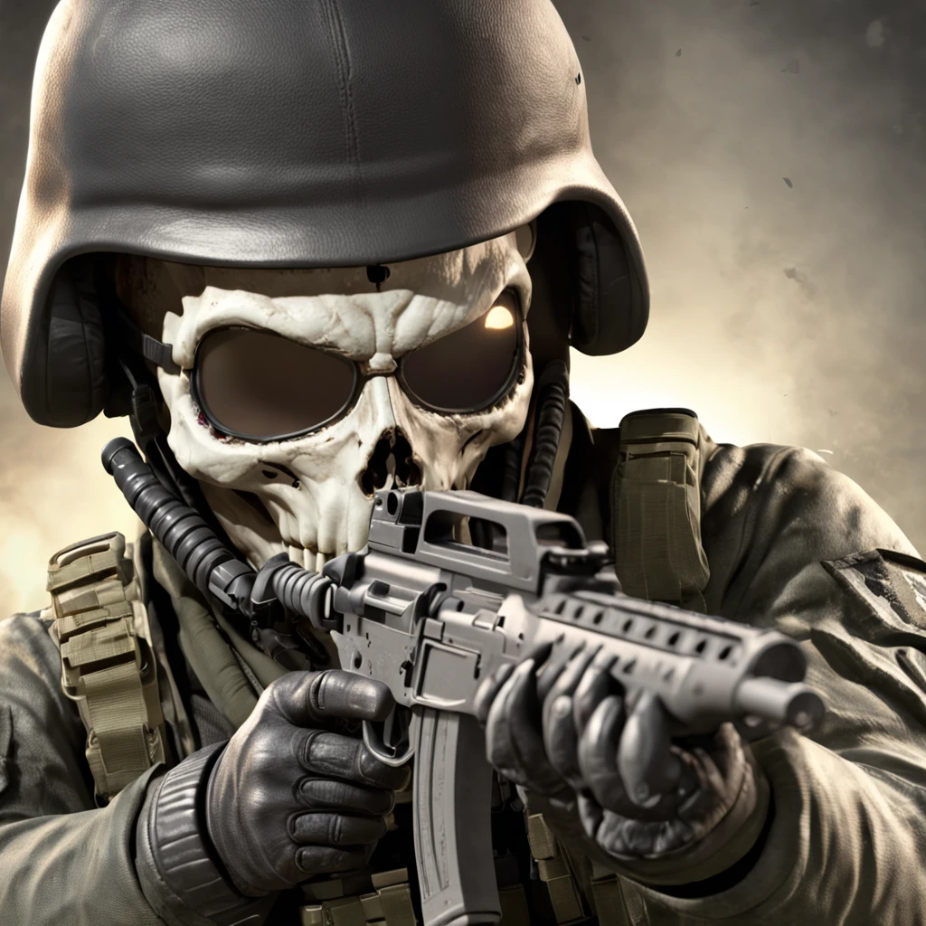 Genera una imagen de Ghost, the iconic Call of Duty MW2 2023 character, but represented as chibi version With his skull mask Make sure to capture his signature outfit and detailed skull mask , pero adapta los detalles para que parezca un mini mercenario con un joystick de ps5 dual sense edge en la mano derecha, con audifonos gamer y microfono giratorio, The image must be creative and maintain the spirit of the original character."