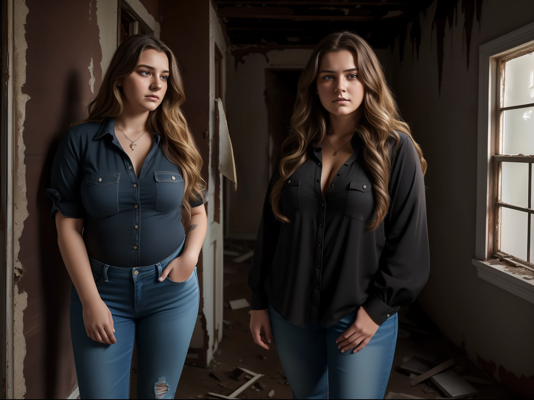 Ultra-realistic 8K image of a 22-year-old ugly woman with long wavy light hair, chubby, dressed in a black blouse and jeans, standing in an old abandoned house with moldy walls; holding a k2 device, night, expression of annoyance