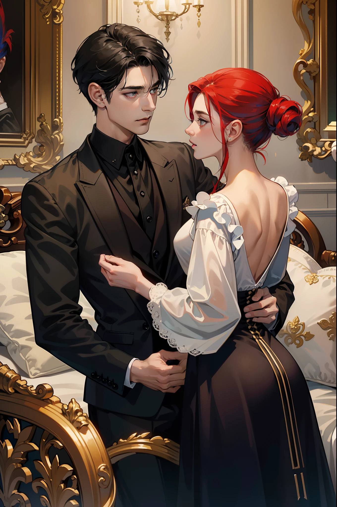 ((obras maestras)), mejor calidad, outstanding illustration, (((A couple seeing each other))), enfoque suave, (((1 chico de cabello negro corto))) (((ojos azules))) (((ropa de mago oscuro))), (((1 chica de (((Pelo rojo))) largo rizado))) (((ojos dorados))) (((vestido de novia BLANCO elaborado y hermoso))), Ropa victoriana, Victorian and magical romanticism, ambiente opulento y exquisito, Soft light and warm lighting.