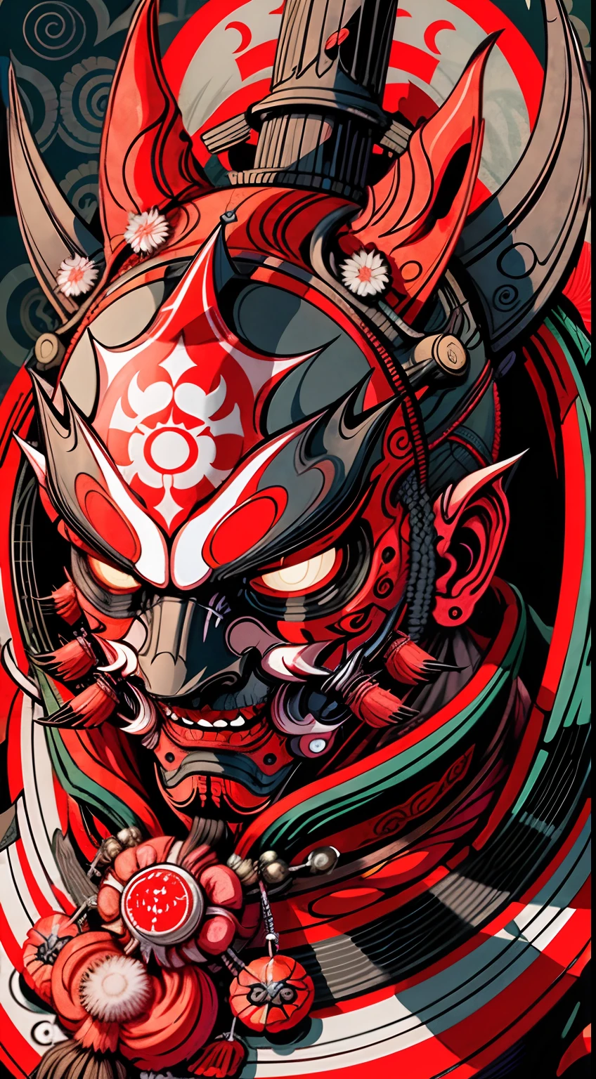 Portrait mask, illustrator, vector illustration, masterpiece, high quality, 8k, high resolution, high detail, japanese, onmyoji, (panru: 1.2), horror, evil, close-up, facing the audience, japanese pattern background