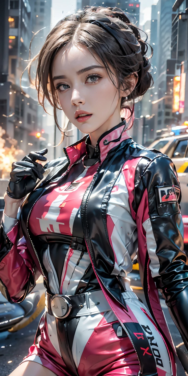 (Photorealistic, Ultra High Definition), ((close up:1, looking at viewer)), Soft light,1 police lady, Night City, (Detailed face), (Pink coiffed short-Hair: 1.3), (cloths color base on silver black pink red white), Futuristic Racing Suits, Police costume like Streetwear, police badge, High-Tech Headset, black army belt, racing gloves, hot pants or low miniskirts, holding a handgun, "POLICE", ((Background crashed cars, burning car, fire background, Explosions, Running Audience)),