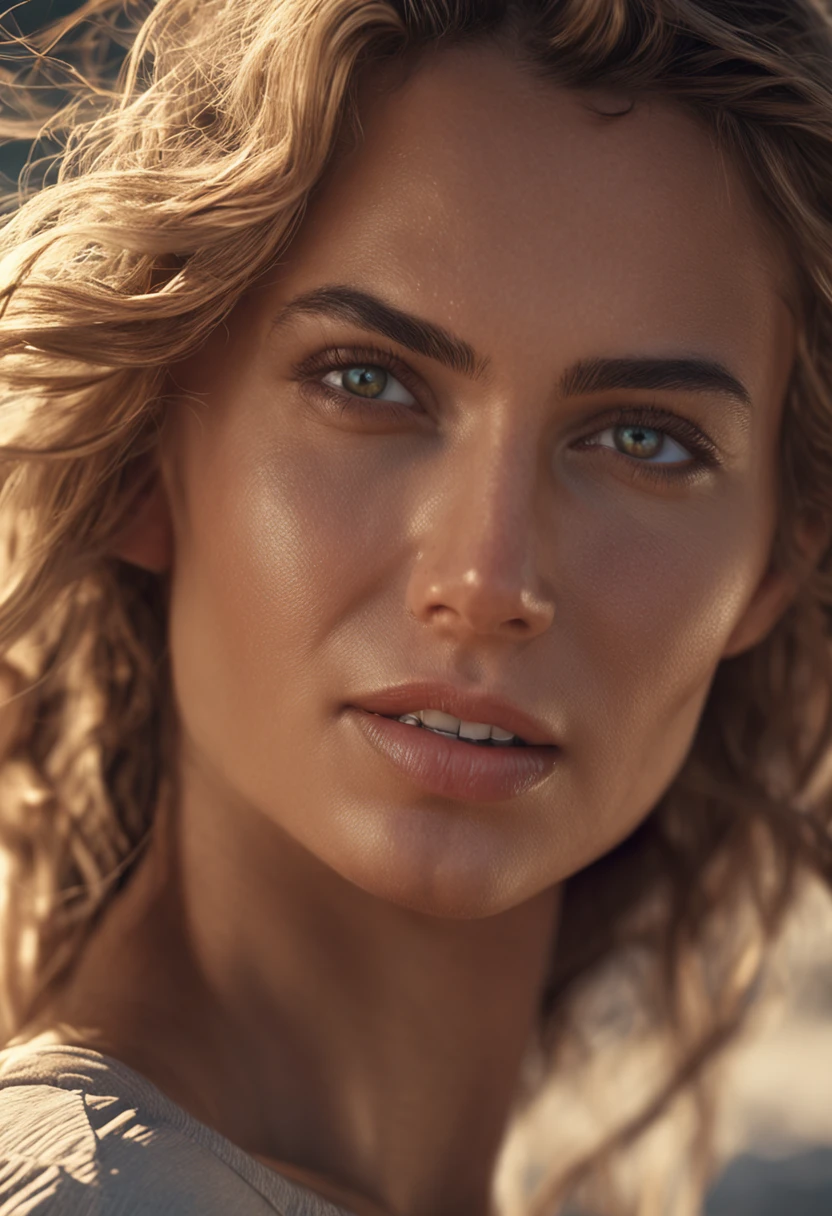 Cinematic soft lighting illuminates a stunningly detailed and ultra-realistic beautiful Greek supermodel, beach look, long messy windy dark blonde hair, clear green eyes, captivating perfect smile, sensual, hot woman, gorgeous, that is trending on ArtStation. Octane is the perfect tool to capture the softest details of this 16k photography masterpiece.