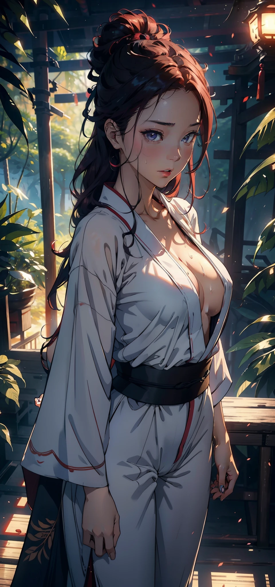 1female，35yo，??，Large breasts，Pornographic exposure， 独奏，（Background with：ln the forest，the rainforest，in summer） She has long purple-red hair，standing on your feet，Sweat profusely，drenched all over the body，seen from the front， curlies， mostly cloudy sky，（（（tmasterpiece），（Very detailed CG unity 8K wallpaper），best qualtiy，cinmatic lighting，detailed back ground，beatiful detailed eyes，Bright pupils，（Very fine and beautiful），（Beautiful and detailed eye description），ultra - detailed，tmasterpiece，）），facing at camera，A high resolution，ultra - detailed），，revealing breasts，Bare genitalia， Bulge，Camel toes，Raised sexy，Flushed complexion，Open-mouthed，frontage，Samurai of Japan（Wearing：White loose shirt，Black jumpsuits，Red cape）