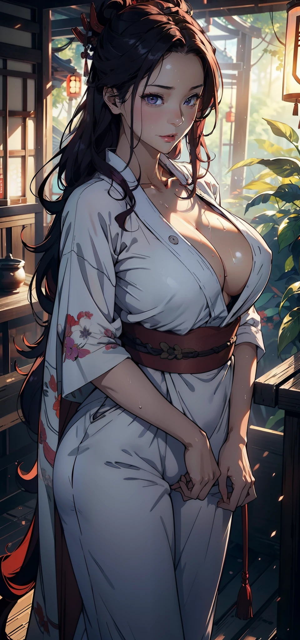 1female，35yo，熟妇，Large breasts，Pornographic exposure， 独奏，（Background with：ln the forest，the rainforest，in summer） She has long purple-red hair，standing on your feet，Sweat profusely，drenched all over the body，seen from the front， curlies， mostly cloudy sky，（（（tmasterpiece），（Very detailed CG unity 8K wallpaper），best qualtiy，cinmatic lighting，detailed back ground，beatiful detailed eyes，Bright pupils，（Very fine and beautiful），（Beautiful and detailed eye description），ultra - detailed，tmasterpiece，）），facing at camera，A high resolution，ultra - detailed），，revealing breasts，Bare genitalia， Bulge，Camel toes，Raised sexy，Flushed complexion，Open-mouthed，frontage，Samurai of Japan（Wearing：White loose shirt，Black jumpsuits，Red cape）