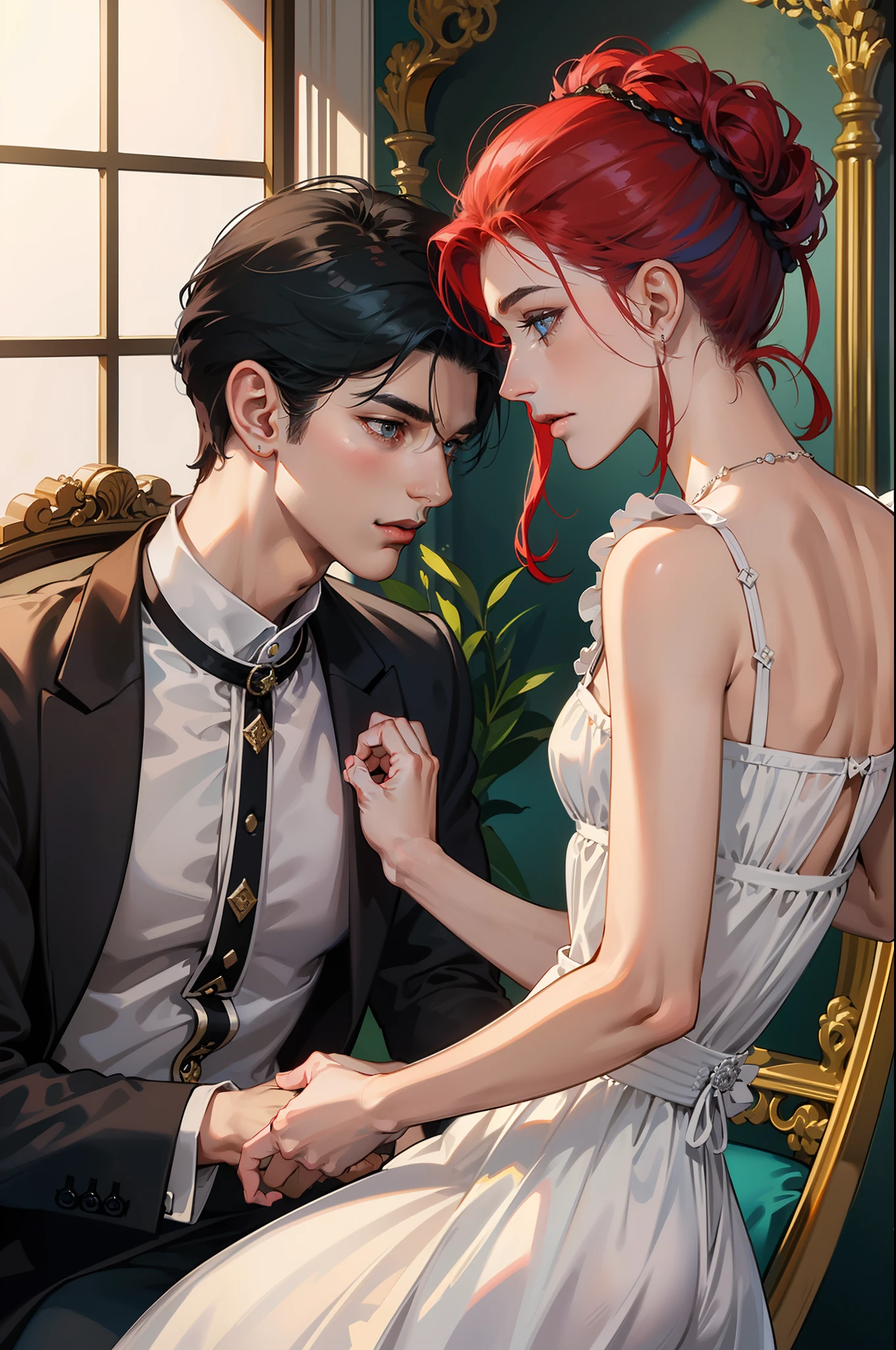((obras maestras)), mejor calidad, outstanding illustration, (((A couple seeing each other))), enfoque suave, (((1 chico de cabello negro corto))) (((ojos azules))) (((ropa de mago oscuro))), (((1 chica de (((Pelo rojo))) largo rizado))) (((ojos dorados))) (((vestido de novia BLANCO elaborado y hermoso))), Ropa victoriana, Victorian and magical romanticism, ambiente opulento y exquisito, Soft light and warm lighting.