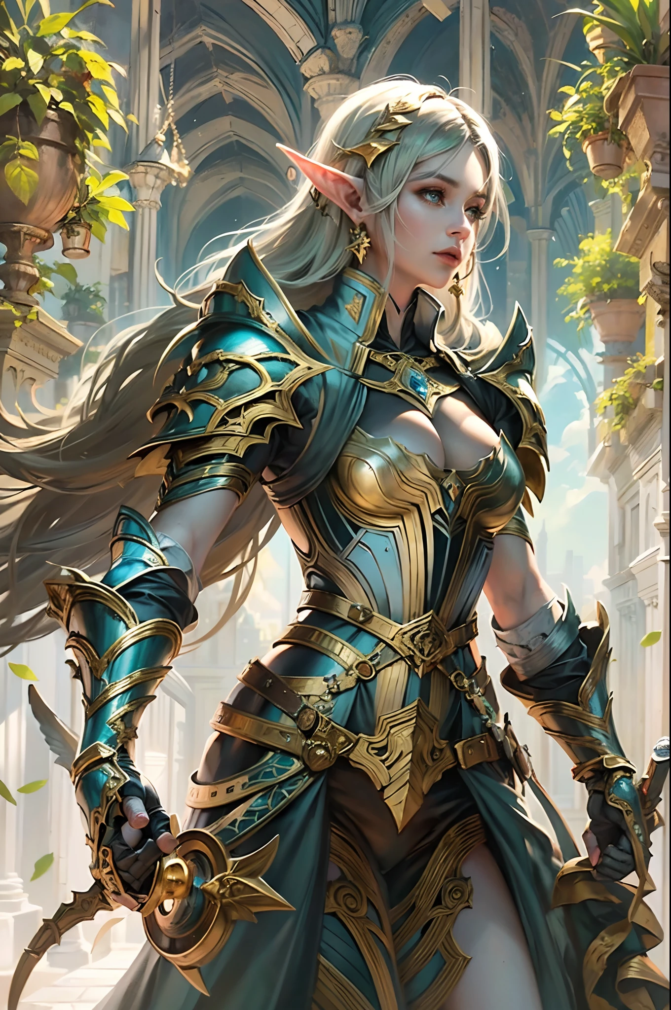 high details, best quality, 8k, [ultra detailed], masterpiece, best quality, (extremely detailed), dynamic angle, ultra wide shot, photorealistic, fantasy art, dnd art, rpg art, realistic art, a wide angle, (((anatomically correct))) a picture of an elf knight, elf warrior, princess knight, shinning knight, ready for battle with her mount (intense details, Masterpiece, best quality: 1.5), female elf (intense details, Masterpiece, best quality: 1.5), ultra detailed face, ultra feminine, fair skin, exquisite beauty, gold hair, long hair, wavy hair, small pointed ears, dynamic eyes color, wearing heavy elven armor, shinning metal, armed with elven sword Divine_sword_Irelia, standing near her mount, dynamic mount , green meadows, blue skies background and some clouds background depth of field (intricate details, Masterpiece, best quality: 1.5), dynamic angle, (intricate details, Masterpiece, best quality: 1.5), high details, best quality, highres, ultra wide angle