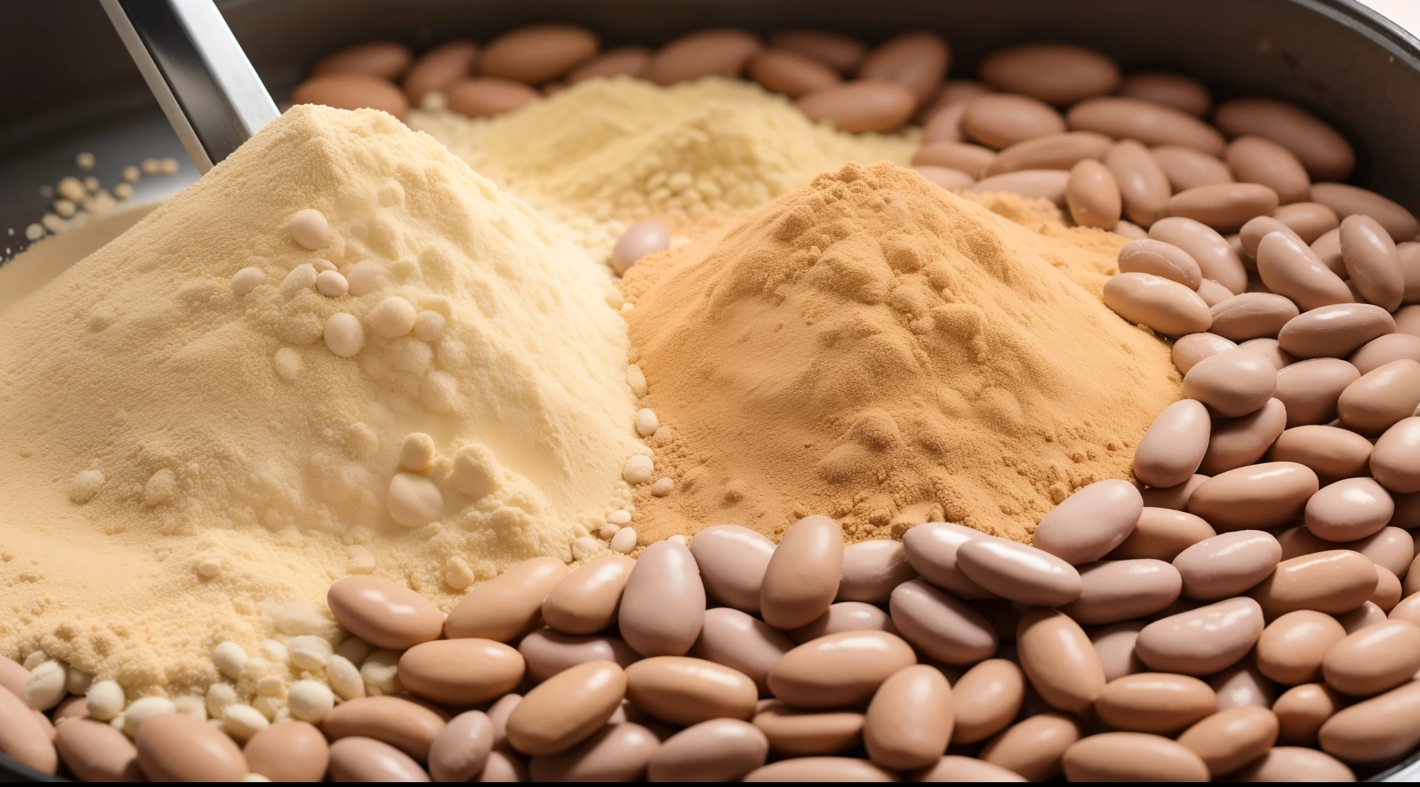 in the left corner 1 heap of milho beans and goes breaking the beans until in the right corner turning milho powder em um fundo branco