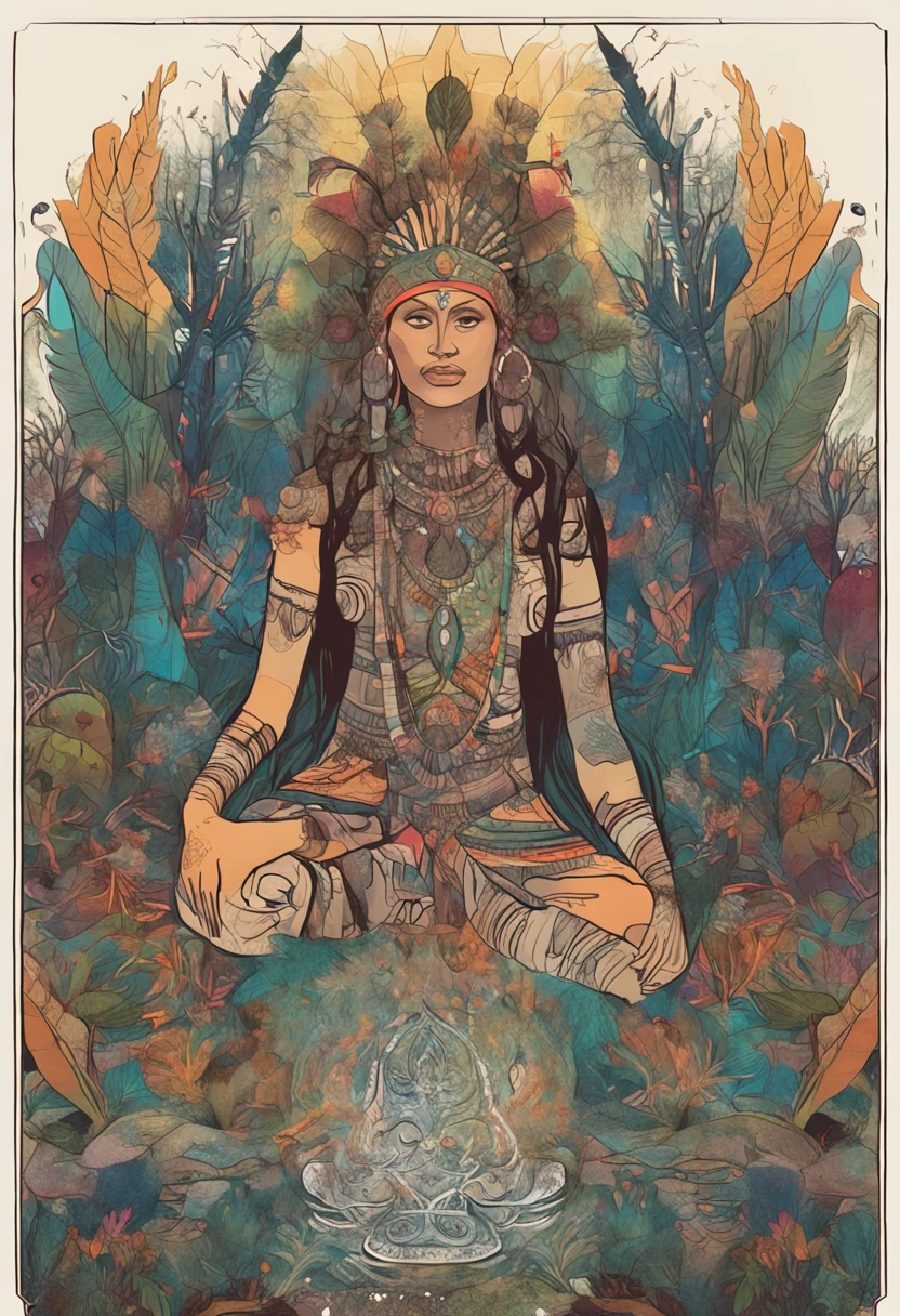 A lovely clearing during twilight, where ethereal lights dance around a gathering of shamans in intricate ceremonial costumes. As luzes iluminam seus rostos, revealing expressions of reverence and focus. The air is filled with the smell of herbs, and the ground is adorned with various crystals and offerings. The atmosphere exudes a sense of ancient wisdom and connection to nature, capturado em uma pintura digital detalhada e vibrante, I don't want a woman alone