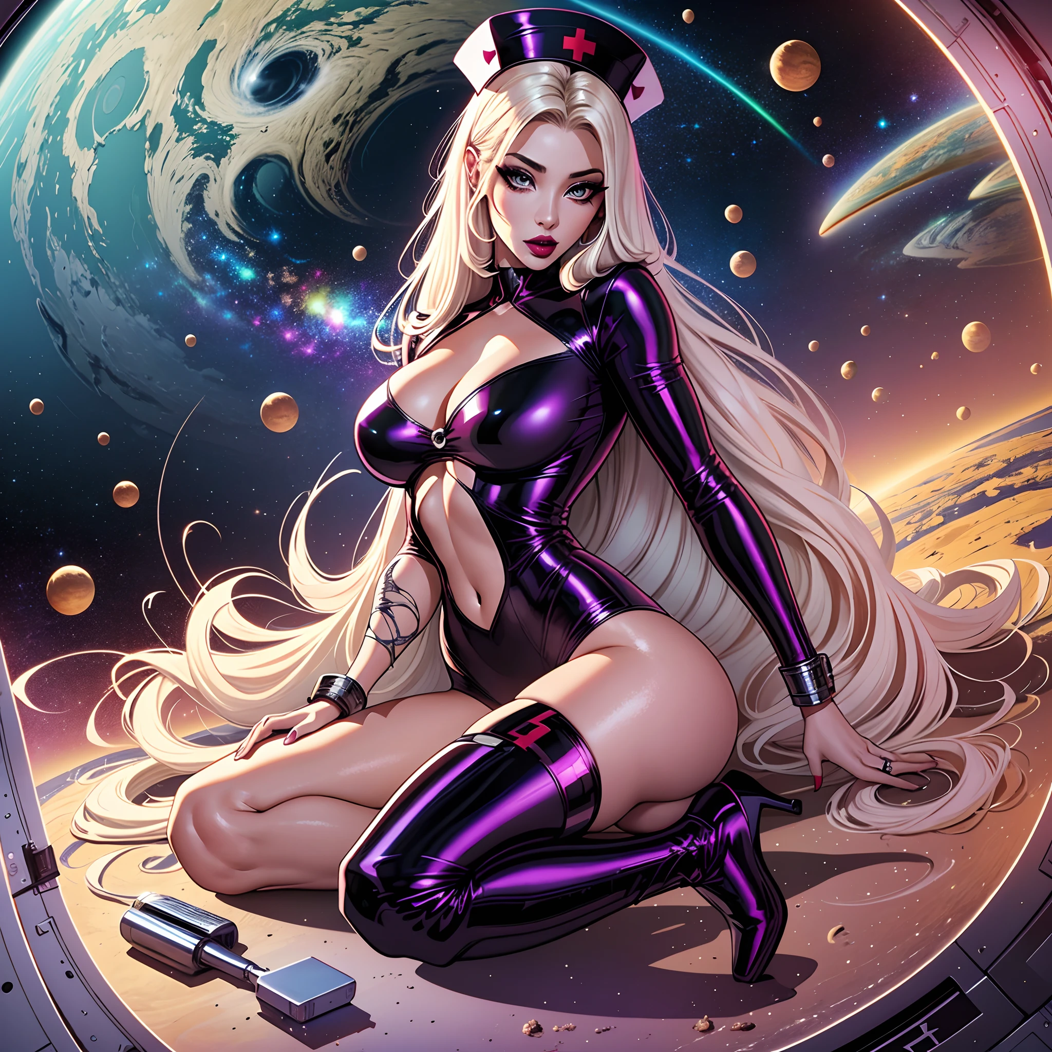 sexy nurses, beautiful, gorgeous, long hair, lipstick, seductive, bright eyes, latex boots, revealing srubs, outerspace, galaxy, hi-def