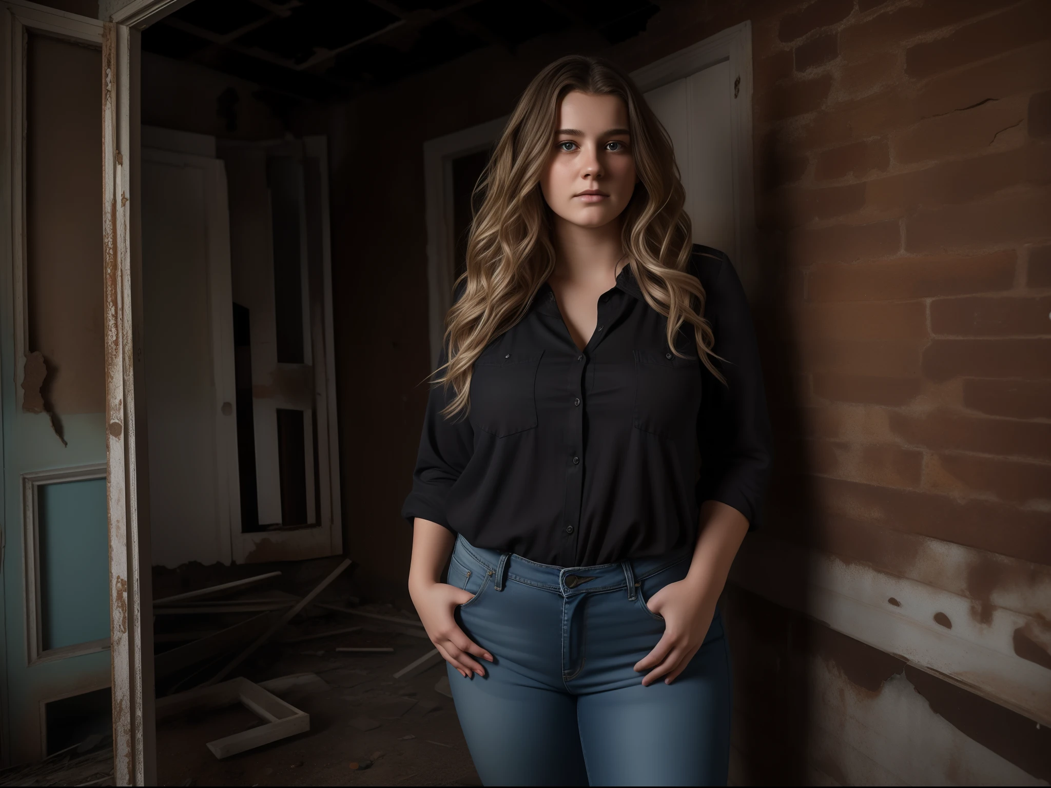 ultra realistic 8k image of a 22 year old woman, ugly, with wavy hair, chubby, dressed in a black blouse and jeans, scared expression in a night farm.