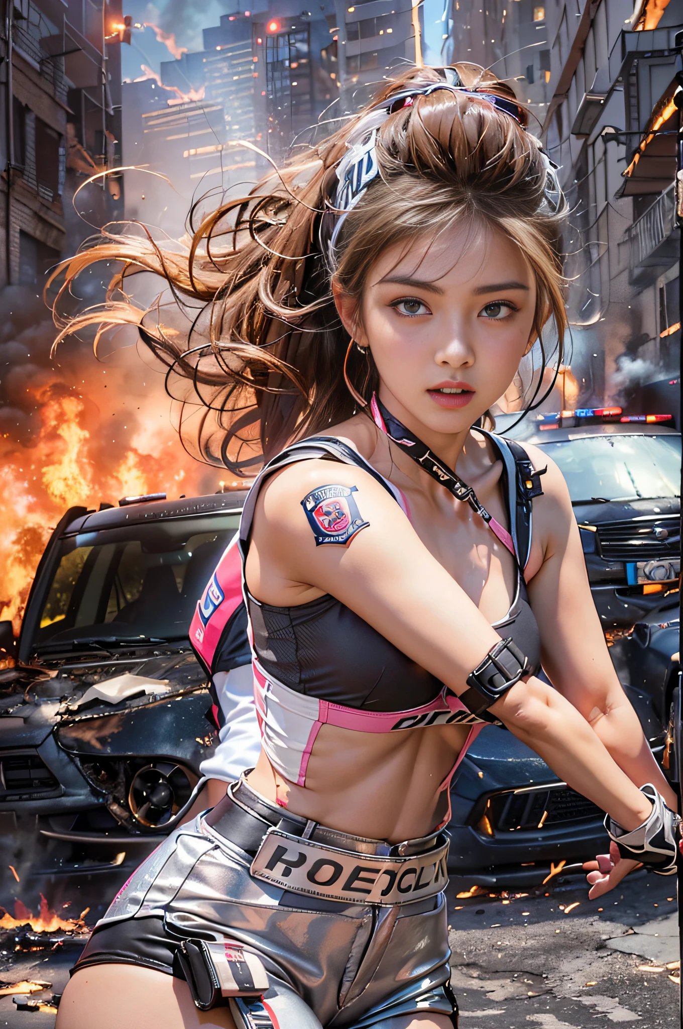 (Top Quality, Ultra High Definition, Photorealistic: 1.4), (backlight), ((close up:1, looking away)), ((Running)), (Pink updo-Hair: 1.3), 1 Girl, (Kpop Idol), Detailed Face, Smooth Skin, Contrapposto, Perfect Anatomy, Cityscape, Professional Lighting, (cloths color base on silver black pink red white), Futuristic Racing Suits, Police costume like Streetwear, police badge, High-Tech Headset, black army belt, racing gloves, hot pants or low miniskirts, "POLICE", ((Background crashed cars, burning car, fire background, Explosions, Running Audience)),