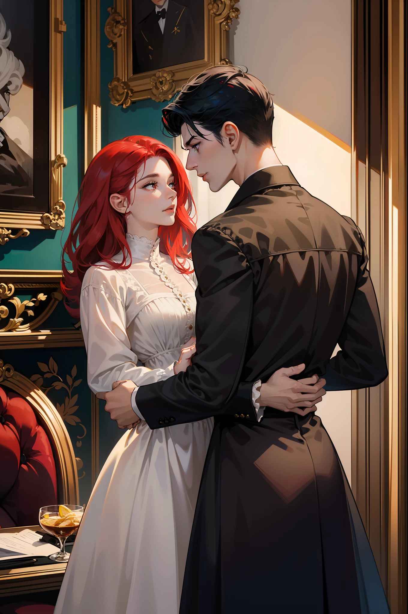 The image features a silhouette of a couple embracing, with the moonlight in the background. The intertwined shadows symbolize the passion and deep connection between lovers. The dark blue tone and subtle details evoke the sensuality and mystery of the night."bayonetta character, Athena is a vigorous and angelic red-haired woman who is extremely obscene and vulgar: rebellion and lust" extravagant and depraved BDSM style. Strong and virile black man