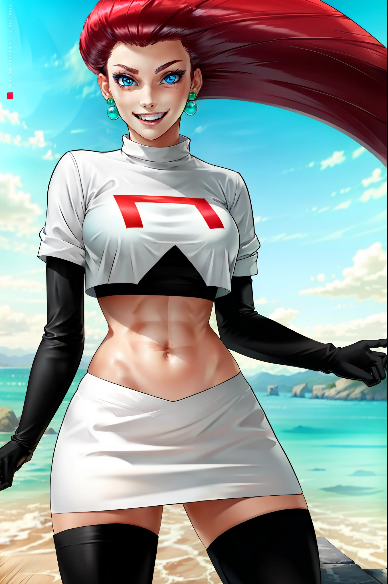 ((best quality)), ((highly detailed)), masterpiece, ((official art)), detailed face, beautiful face, (detailed eyes, deep eyes), (1girl:1.33, solo), full body, jessie\(pokemon\), very long hair, red hair, hair slicked back, (cyan eyes), earrings, grin, team rocket, team rocket outfit, white crop-top, white miniskirt, midriff, navel, black elbow gloves, black thighboots, pointing at viewer,  micromini sd15, vagina, breasts,
