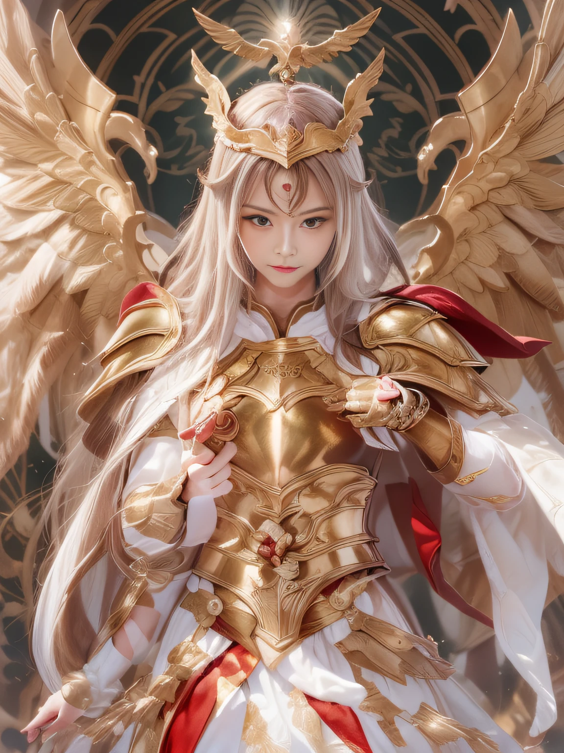 Super beautiful photo，Mysterious woman and sickle in white and red costume, knights of zodiac girl, portrait knights of zodiac girl, lady palutena, angelic golden armor, gilded shiny armour, Ornate white and gold armor, heavy white and golden armor, Intricate red and white and gold armor, Shimmering red and copper armor, wearing shining armor, gold armour, Princess Knight, golden armour, Great studded lights、Delicate and beautiful colors、Have an emotional atmosphere、Transparent background、Have a fantastic and charming atmosphere，artbook，