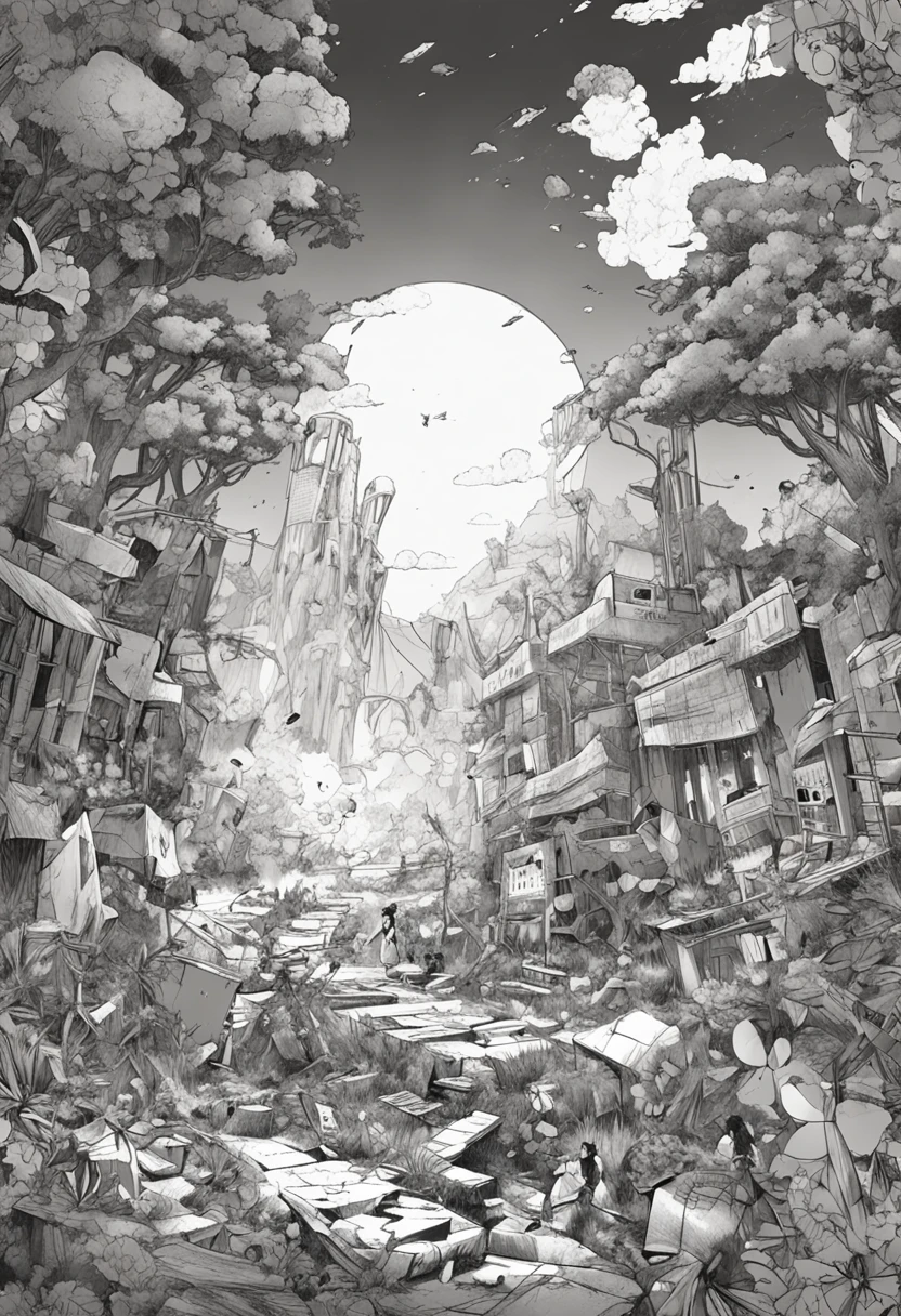 A mystical world devastated by a special attack, in the style of black and white manga