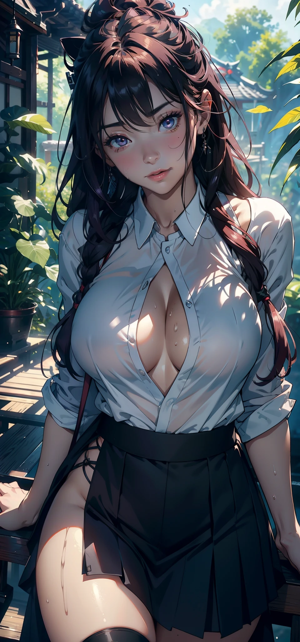1female,35yo,熟妇,Large breasts,Pornographic exposure, 独奏,(Background with:ln the forest,the rainforest,in summer) She has long purple-red hair,standing on your feet,Sweat profusely,drenched all over the body,seen from the front, curlies, mostly cloudy sky,(((tmasterpiece),(Very detailed CG unity 8K wallpaper),best qualtiy,cinmatic lighting,detailed back ground,beatiful detailed eyes,Bright pupils,(Very fine and beautiful),(Beautiful and detailed eye description),ultra - detailed,tmasterpiece,)),facing at camera,A high resolution,ultra - detailed),,revealing breasts,Bare genitalia, Bulge,Camel toes,Raised sexy,Flushed complexion,Open-mouthed,frontage,Samurai of Japan(Wearing:JK skirt,White transparent shirt,Black silk beautiful legs)