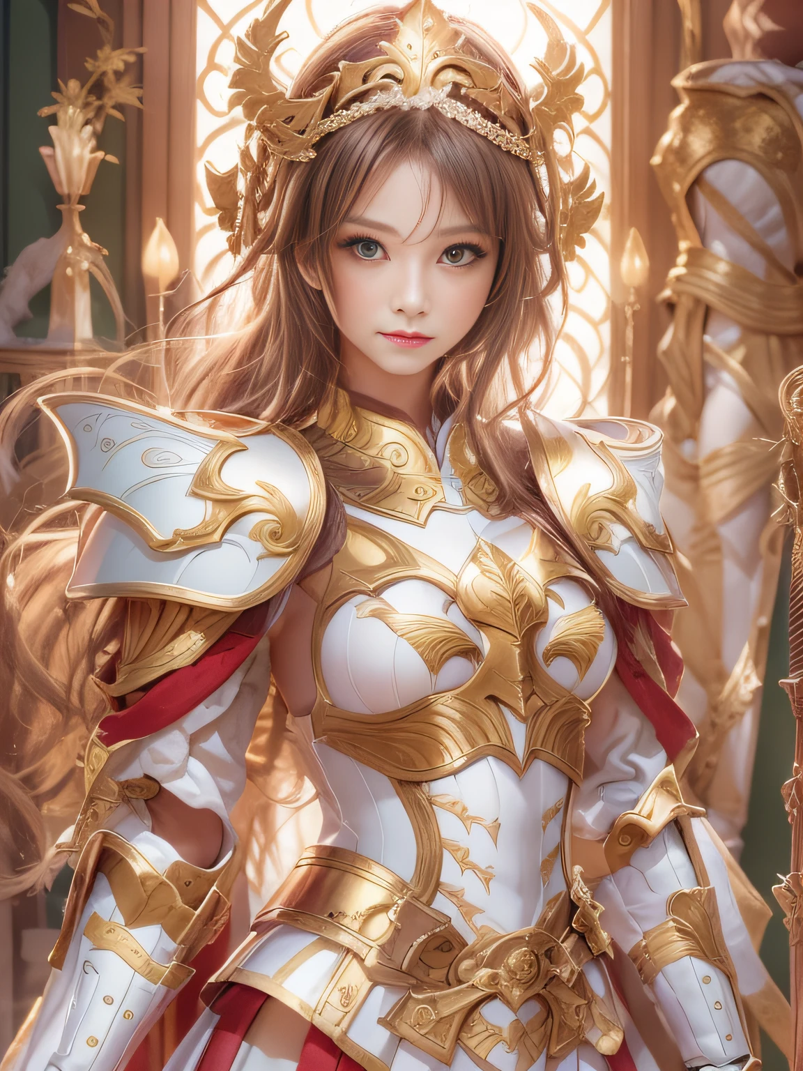 Super beautiful photo，Mysterious woman in white and red costume holding double lightsaber, knights of zodiac girl, portrait knights of zodiac girl, lady palutena, angelic golden armor, gilded shiny armour, Ornate white and gold armor, heavy white and golden armor, Intricate red and white and gold armor, Shimmering red and copper armor, wearing shining armor, gold armour, Princess Knight, golden armour, Great studded lights、Delicate and beautiful colors、Have an emotional atmosphere、Transparent background、Have a fantastic and charming atmosphere，Card Game Slot
