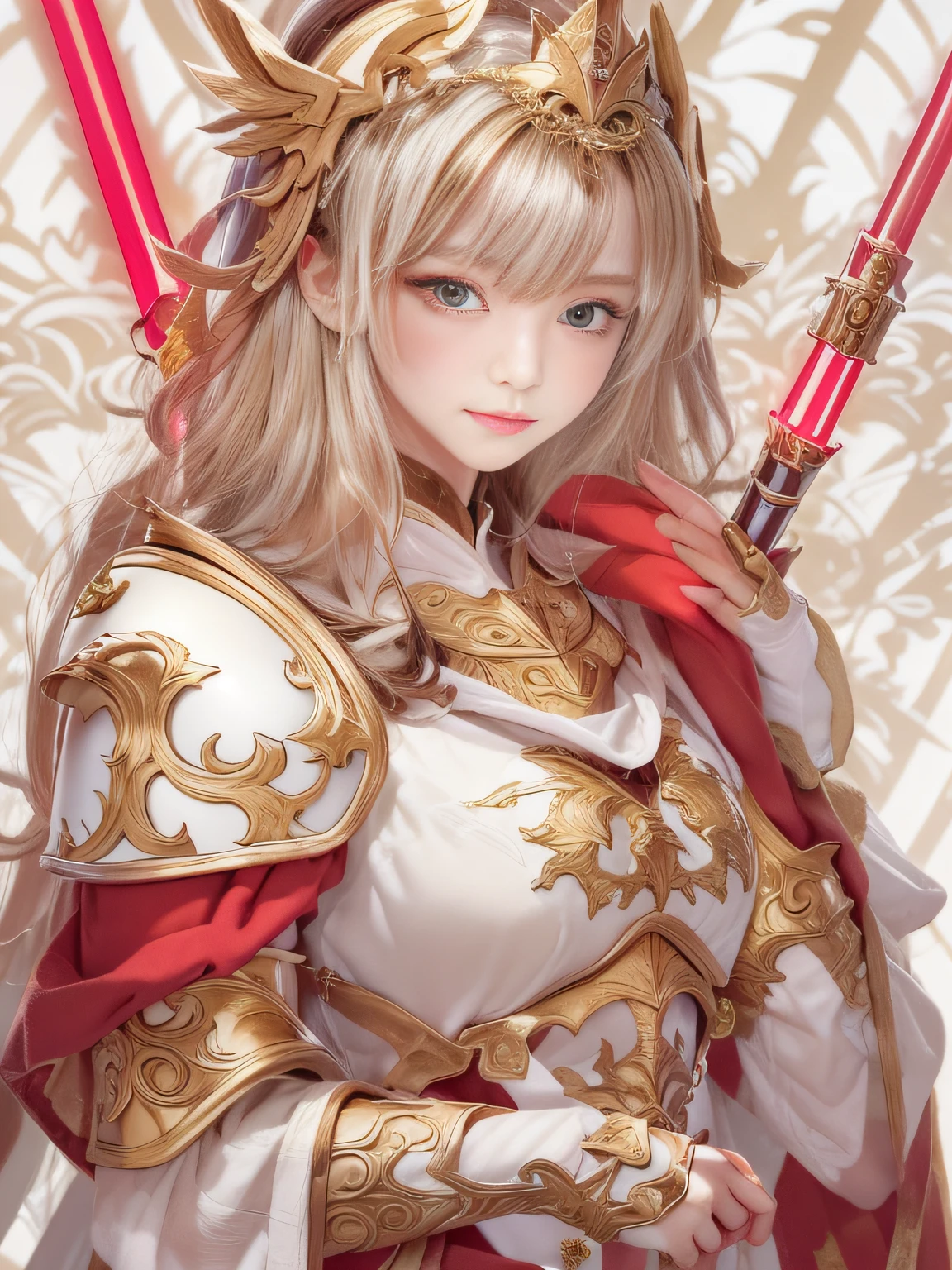 Super beautiful photo,Mysterious woman in white and red costume holding double lightsaber, knights of zodiac girl, portrait knights of zodiac girl, lady palutena, angelic golden armor, gilded shiny armour, Ornate white and gold armor, heavy white and golden armor, Intricate red and white and gold armor, Shimmering red and copper armor, wearing shining armor, gold armour, Princess Knight, golden armour, Great studded lights、Delicate and beautiful color、Have an emotional atmosphere、Transparent background、Have a fantastic and charming atmosphere