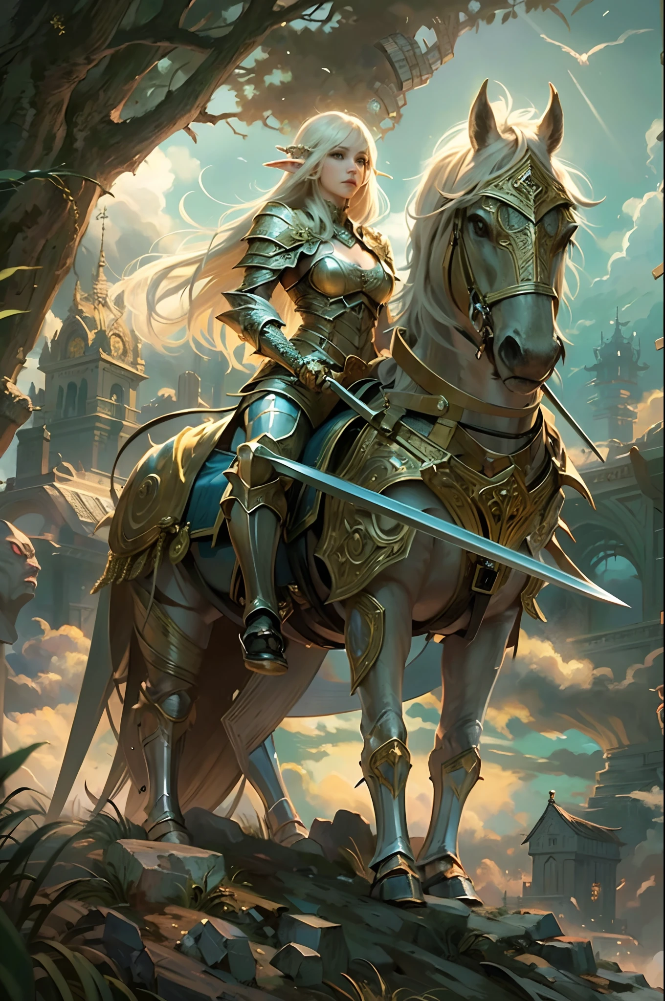 high details, best quality, 8k, [ultra detailed], masterpiece, best quality, (extremely detailed), dynamic angle, ultra wide shot, photorealistic, fantasy art, dnd art, rpg art, realistic art, a wide angle, (((anatomically correct))) a picture of an elf knight, elf warrior, princess knight, shinning knight, ready for battle with her mount (intense details, Masterpiece, best quality: 1.5), female elf (intense details, Masterpiece, best quality: 1.5), ultra detailed face, ultra feminine, fair skin, exquisite beauty, gold hair, long hair, wavy hair, small pointed ears, dynamic eyes color, wearing heavy elven armor, shinning metal, armed with elven sword Divine_sword_Irelia, standing near her mount, dynamic mount , green meadows, blue skies background and some clouds background depth of field (intricate details, Masterpiece, best quality: 1.5), full body (intricate details, Masterpiece, best quality: 1.5), high details, best quality, highres, ultra wide angle