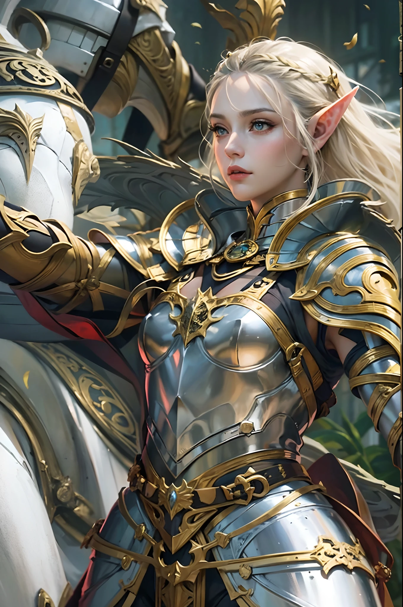 high details, best quality, 8k, [ultra detailed], masterpiece, best quality, (extremely detailed), dynamic angle, ultra wide shot, photorealistic, fantasy art, dnd art, rpg art, realistic art, a wide angle, (((anatomically correct))) a picture of an elf knight, elf warrior, princess knight, shinning knight, ready for battle with her mount (intense details, Masterpiece, best quality: 1.5), female elf (intense details, Masterpiece, best quality: 1.5), ultra detailed face, ultra feminine, fair skin, exquisite beauty, gold hair, long hair, wavy hair, small pointed ears, dynamic eyes color, wearing heavy elven armor, shinning metal, armed with elven sword Divine_sword_Irelia, standing near her mount, dynamic mount , green meadows, blue skies background and some clouds background depth of field (intricate details, Masterpiece, best quality: 1.5), full body (intricate details, Masterpiece, best quality: 1.5), high details, best quality, highres, ultra wide angle