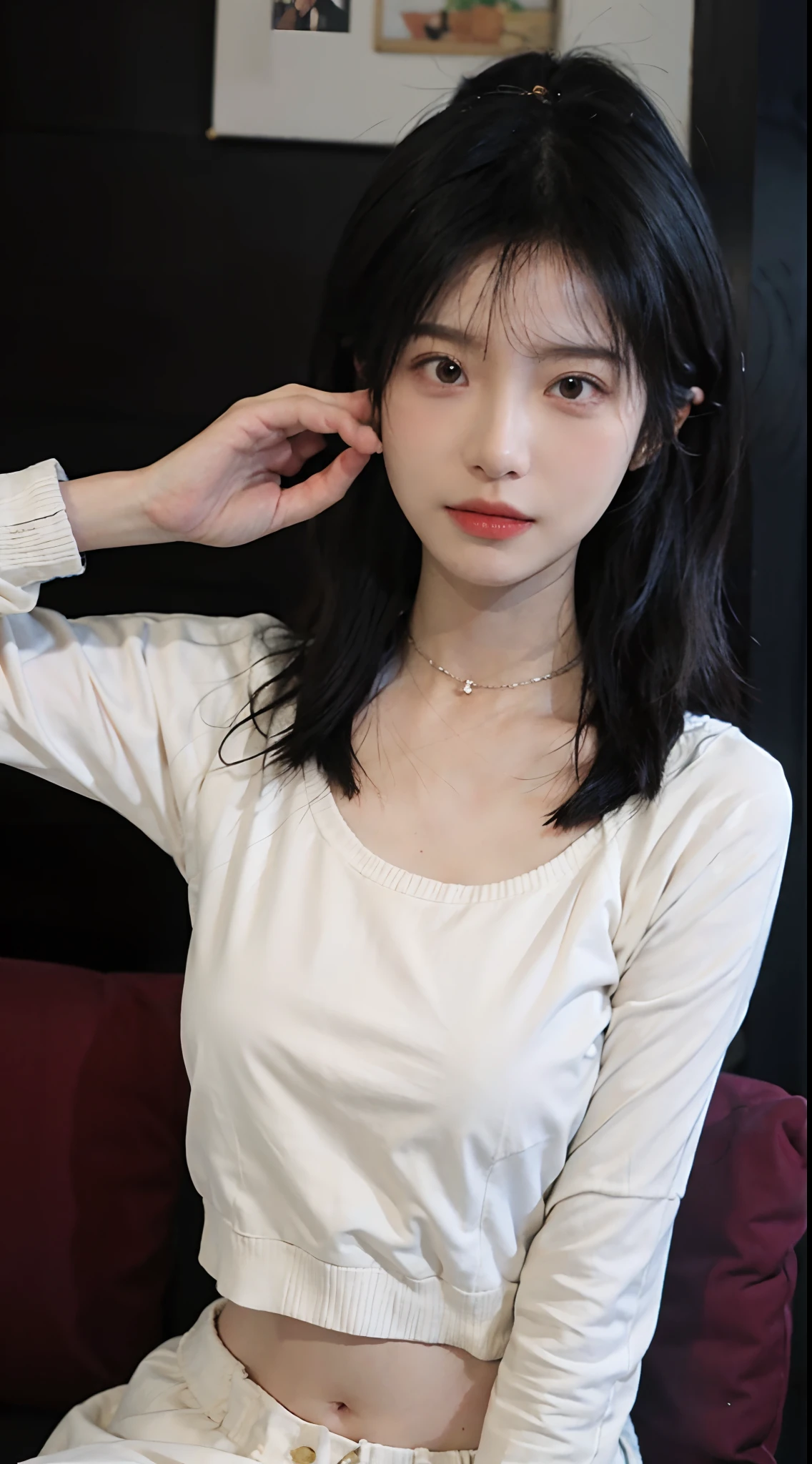 best qualtiy， 超高分辨率， （realisticlying：1.4），cute hairpin，1girll，Red long-haired,Cropped sweater ，Beautiful woman with a slim figure:1.4, Pronounced abs:1.4, On the island,Ultra-fine face，Elaborate Eyes，二重まぶた，choker necklace