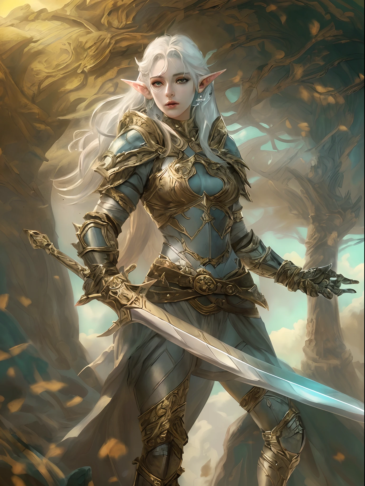 high details, best quality, 8k, [ultra detailed], masterpiece, best quality, (extremely detailed), full body, ultra wide shot, photorealistic, fantasy art, dnd art, rpg art, realistic art, a wide angle, (((anatomically correct))) a wallpaler of an elf knight, elf warrior, princess knight, shinning knight, ready for battle with her mount (intense details, Masterpiece, best quality: 1.5), female elf (intense details, Masterpiece, best quality: 1.5), ultra detailed face, ultra feminine, fair skin, exquisite beauty, gold hair, long hair, wavy hair, small pointed ears, dynamic eyes color, wearing heavy elven armor, shinning metal, armed with elven sword Divine_sword_Irelia, standing near her mount, dynamic mount , green meadows, blue skies background and some clouds background depth of field (intricate details, Masterpiece, best quality: 1.5), full body (intricate details, Masterpiece, best quality: 1.5), high details, best quality, highres, ultra wide angle