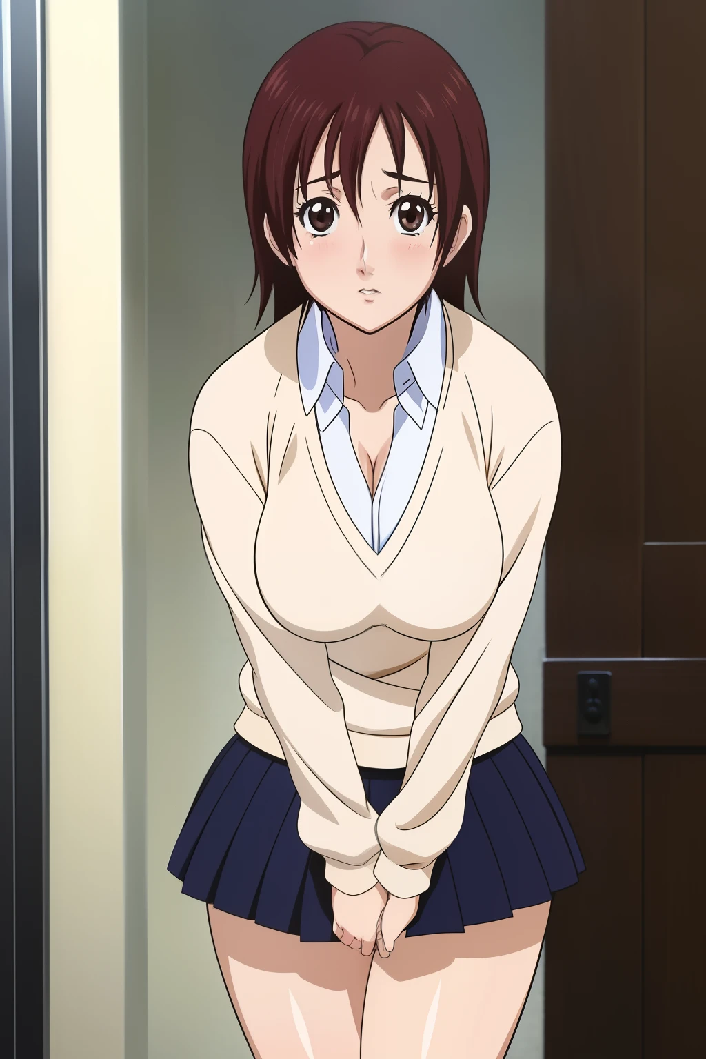 Kei Kishimoto, brown hair, cut hair, brown eyes, white shirt, medium breasts, cleavage, blue skirt, white underwear, thighs, short socks, brown shoes, Pinup, Standing, close up, holding breasts, looking at viewer, blushing, portrait, loose sweater