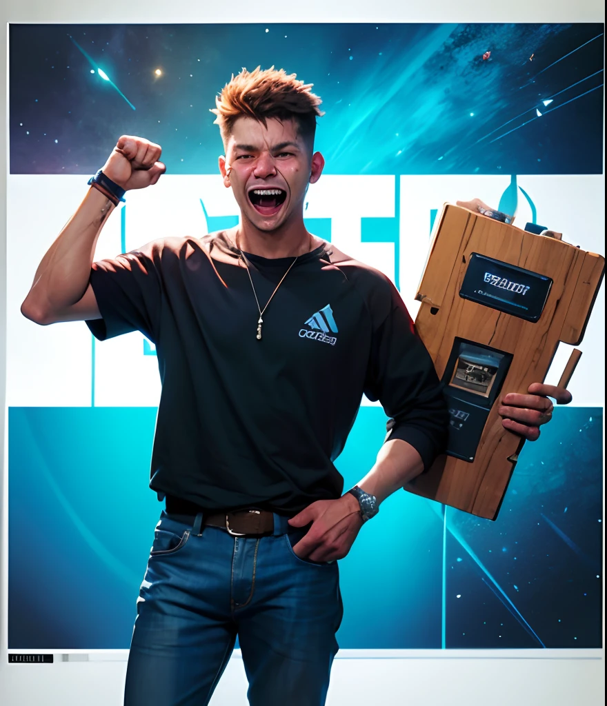 Guy beats his demons and celebrates his win with his right arm up