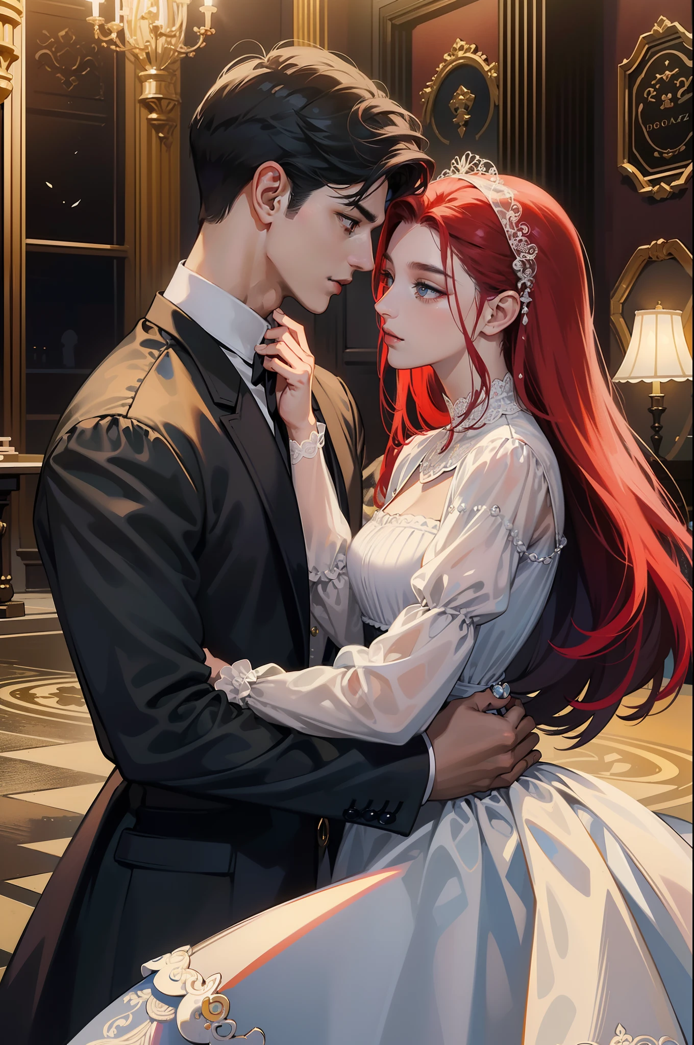 ((obras maestras)), mejor calidad, outstanding illustration, (((A couple seeing each other))), enfoque suave, (((1 chico de cabello negro corto))) (((ojos azules))) (((ropa de mago oscuro))), (((1 chica de (((Pelo rojo))) largo rizado))) (((ojos dorados))) (((vestido de novia BLANCO elaborado y hermoso))), Ropa victoriana, Victorian and magical romanticism, ambiente opulento y exquisito, Soft light and warm lighting.