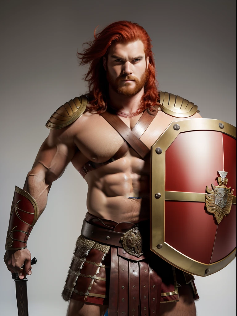 An insanely handsome and very bulky strong and rusky man, very masculine hairy muscular man, red hair, windy messy hair, posing in a Roman or a Gladiator costume,with shield and sword, isolated on a white background, studio Stock Photograph.