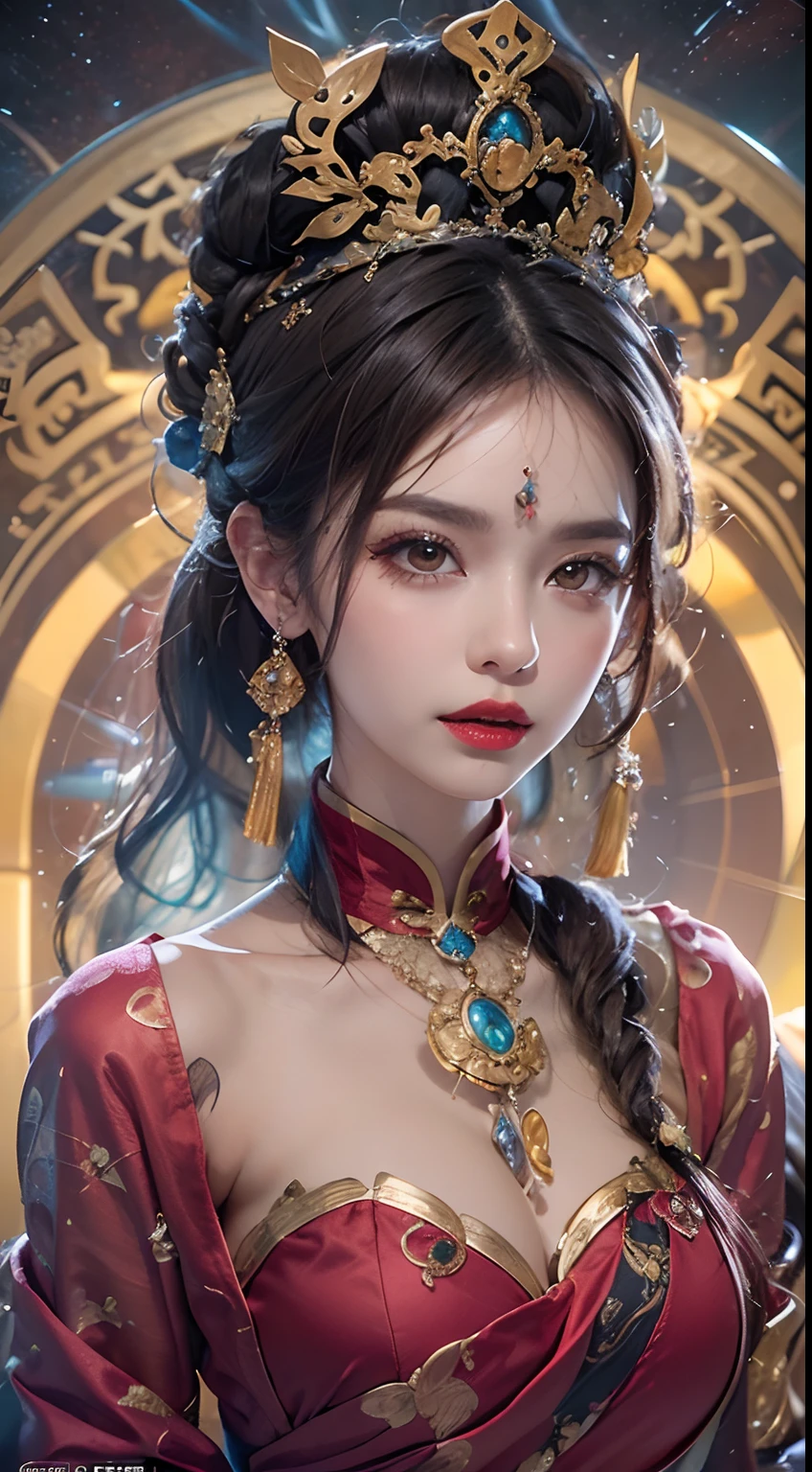 1 zodiac goddess from the future, Wear the zodiac goddess Ao Dai to cover her chest, The zodiac goddess wears a bright yellow gold bodice, The goddess radiates a bright pink-purple zodiac aura, The stars are in the form of 12 constellations, Zodiac goddess wearing golden Chinese zodiac sign Ao Dai with many black details, mythical goddess of the 12 zodiacs from the future, constellation ♏, Zodiac style, Dark and mysterious version, plump boobs, Red lips are balanced and very beautiful, Carol Baku and Pino Daeni characters, Intricate details, Detailed background, Many objects in the background, ighly detailed, Magic lighting, femele, Clearly drawn face, Beautiful face and symmetrical eyes, big round eyes and very beautiful and detailed makeup, Far-focus, Silk Clothing, Mystical ornaments, Upper body portrait, Arms loosen