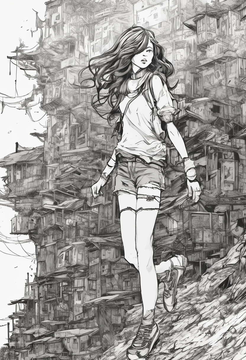 garoto adolescente, cabelo cacheado preto, black and white manga style, mystical clothes, Walking in a totally destroyed world