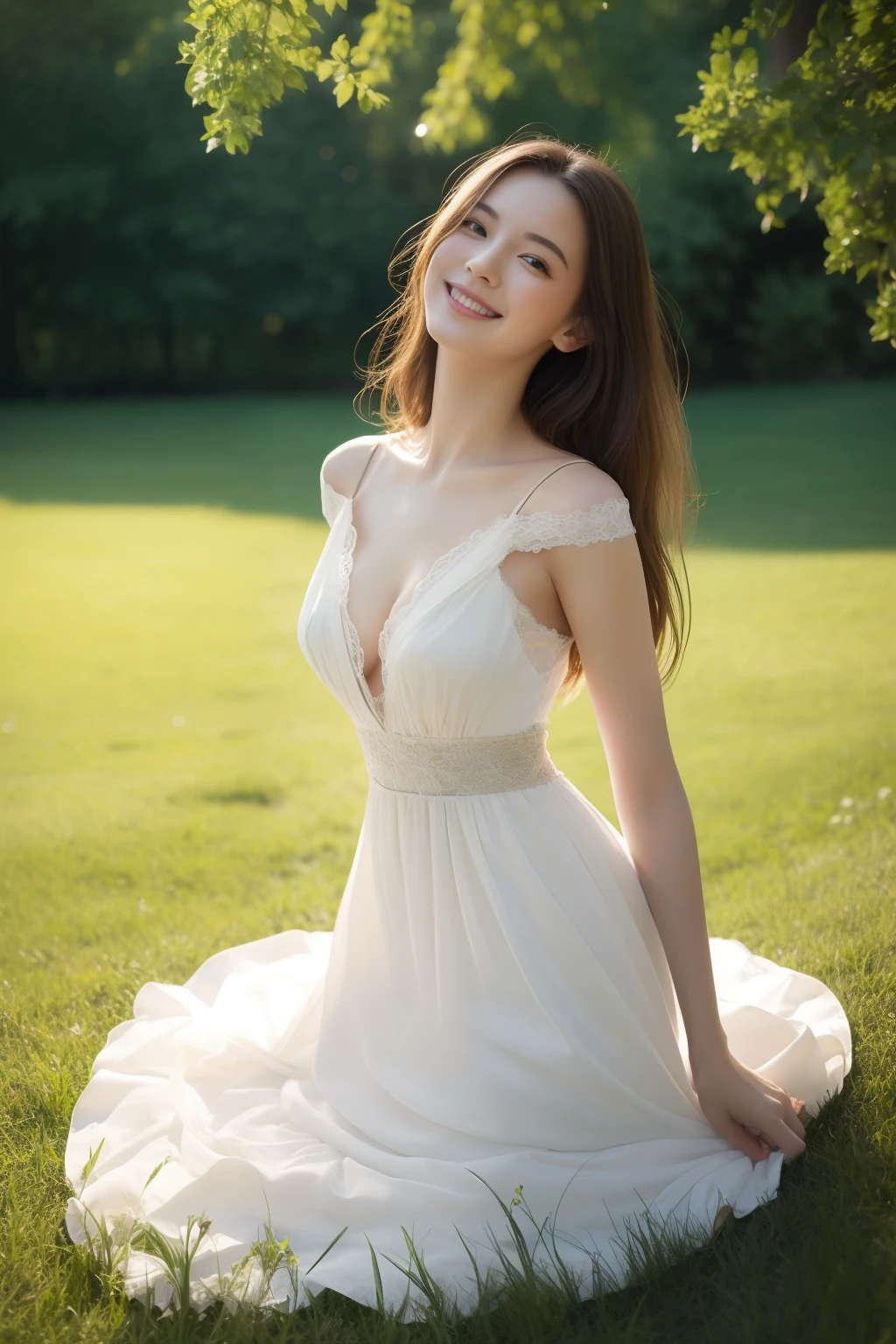 (great masterpiece、top-quality、high-level image quality) alluring smile, sexy pose, dynamic, french, sense of wonder, high-end, sophisticated, art nouveau, highly detailed, beautiful, gorgeous, 18 yo, dancing, forest, lying on grass, beautiful elegant summer dress, Italian, classic, fit, in love