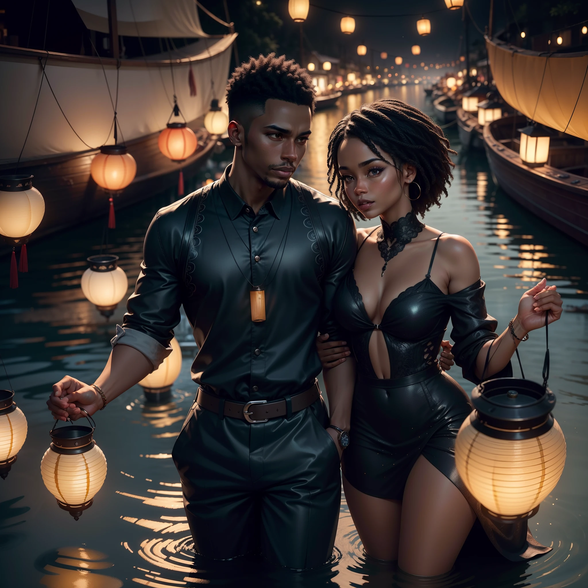 Black couples, black and black woman on dates in boats on a river with lanterns hanging above, glowing lanterns, floating lanterns, with iridescent light, highly detailed images, vibrant beautiful colours, photorealistic image, 8k, ultra HD, unreal engine rendered, cinematic lighting, artgerm style,