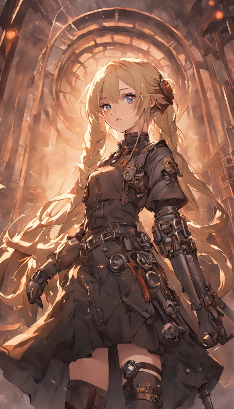 "{{{tmasterpiece}}},{{{HighestQuali}}},A high resolution,{{{Highest image quality}}},In steampunk style,Steampunk worldview,teens girl,blond hairbl,Twist braids,Mechanical prosthetics,machine arm,A long steel knife stretched out in his right hand,The right hand becomes a steel knife,Army uniform,black long boots"