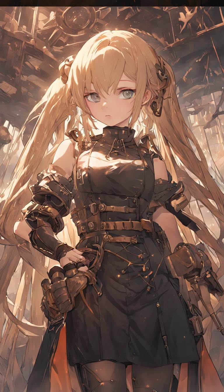 "{{{tmasterpiece}}}，{{{HighestQuali}}}，A high resolution，{{{Highest image quality}}}，In steampunk style，Steampunk worldview，teens girl，blond hairbl，Twist braids，Mechanical prosthetics，machine arm，A long steel knife stretched out in his right hand，The right hand becomes a steel knife，Army uniform，black long boots"