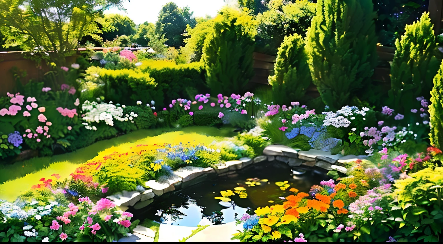 There is a drawing of a garden with a pond and flowers, Lush outdoor flowers, landscaped gardens, garden with flowers, Lush chic gardens, Backyard garden, cottagecore flower garden, Detailed and bright, Better home and garden, flowers garden, lush garden, Colorful flowers and plants, Lush plants and flowers, in a cottagecore flower garden