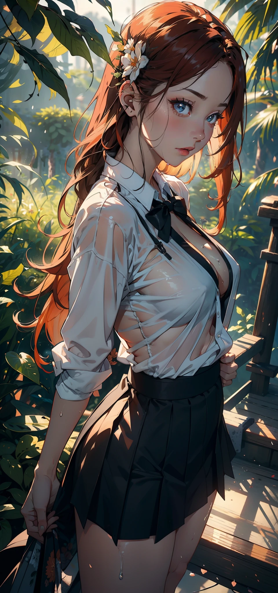 1female,35yo,熟妇,Large breasts,Pornographic exposure, 独奏,(Background with:ln the forest,the rainforest,in summer) She has long orange hair,Head flower,standing on your feet,Sweat profusely,drenched all over the body,seen from the front, curlies, mostly cloudy sky,(((tmasterpiece),(Very detailed CG unity 8K wallpaper),best qualtiy,cinmatic lighting,detailed back ground,beatiful detailed eyes,Bright pupils,(Very fine and beautiful),(Beautiful and detailed eye description),ultra - detailed,tmasterpiece,)),facing at camera,A high resolution,ultra - detailed),,revealing breasts,Bare genitalia, Bulge,Camel toes,Raised sexy,Flushed complexion,Open-mouthed,frontage,Samurai of Japan(Wearing:pleatedskirt,White transparent shirt,a black bowtie,Black socks)