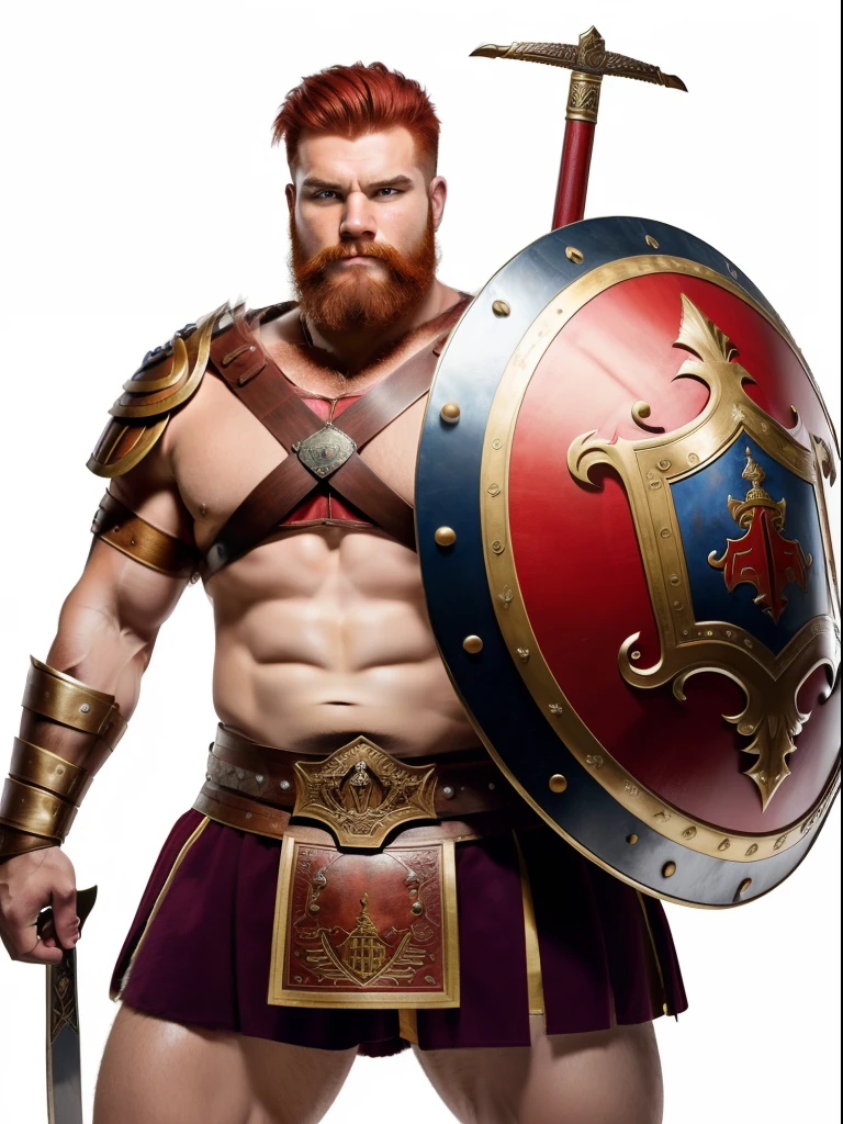 An insanely handsome and very bulky strong and rusky man, very masculine hairy muscular man, red hair, windy messy hair, posing in a Roman or a Gladiator costume,with shield and sword, isolated on a white background, studio Stock Photograph.