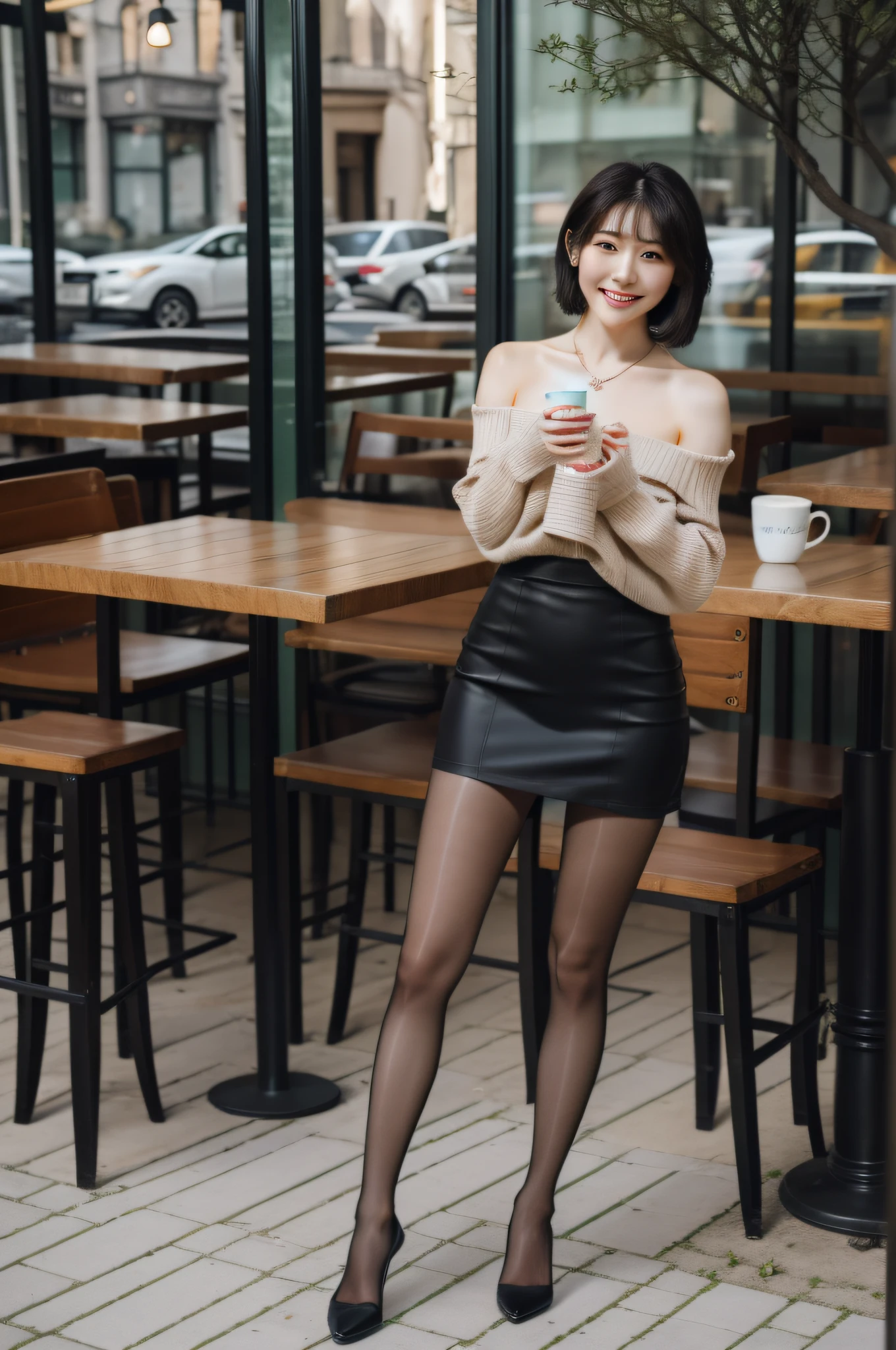 (masuter piece:1.3)、(8K、Photorealsitic、Raw photography、top-quality: 1.4)、(1girl in)、beautiful expression、(Lifelike face)、(A dark-haired、short-hair:1.3)、Beautiful hairstyle、realisticeyes、Beautiful details、(real looking skin)、Beautiful skins、8K UHD, Digital SLR,Film grain, FUJI XT3,(Best Quality:1.3), (masutepiece:1.1), High resolution, Cinematic Light, Intricate details, (Photorealistic),Outside,Beautiful outside,Sunny,
Korean Girl,(in a cafe:1.5) , Dimples, bob cuts, Looking at Viewer, detailed trees, bow ribbon, a bow tie, Bare shoulders, Ribbed sweater,
pencil skirts, high waist skirt, head rest, Sitting, Indoors,
Necklace,Black pantyhose, sheet transportation sweater, (Smile),(Full body:1.6),slender,