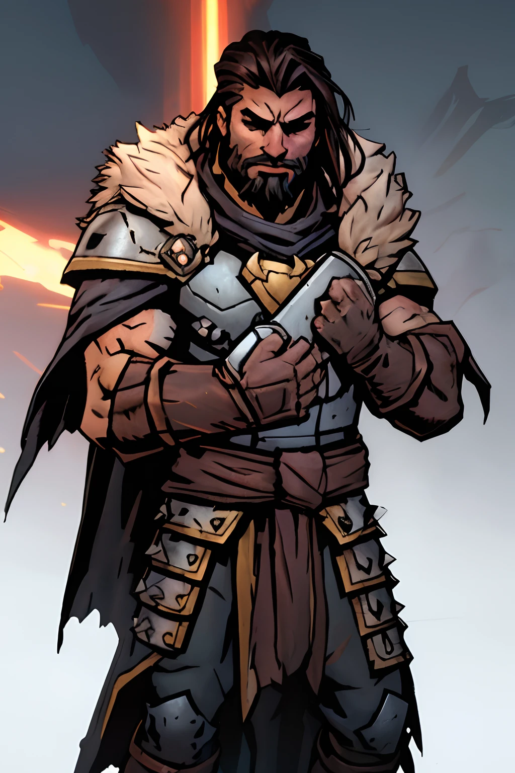 Darkest dungeon style, Sadurang from Marvel, hunk, shoulder length mane hair, defined face, detailed eyes, short beard, glowing eyes, dark hair, wearing: heavy chest armor, cape of furs, scaled armguards, heavy boots., comic cover, Film-poster, Epic